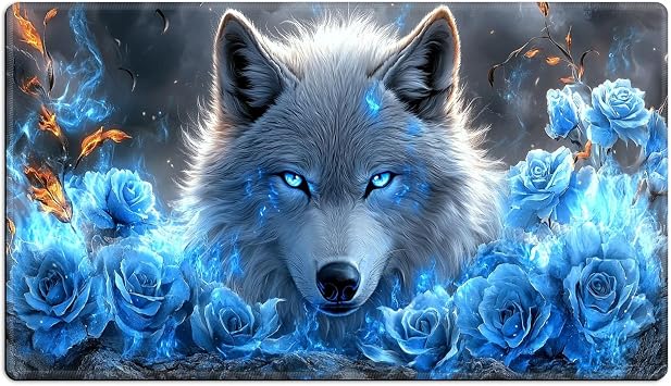 for MTG/TCG Playmat 24 x 14 Inch,Large Desk Mat Wish Stitched Edges, Non-Slip Rubber Base, Smooth Surface for Card Games, Keyboard and Mouse Pad, Desk Protector, Blue Rose Wolf Wall Art