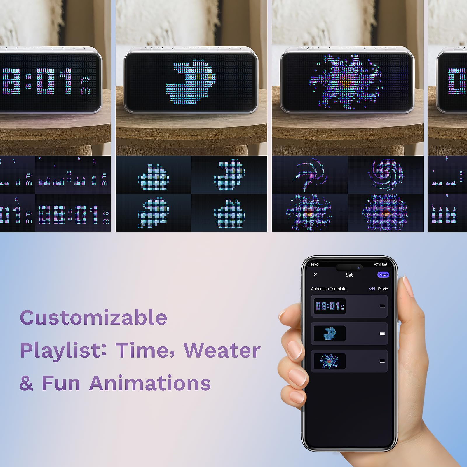Dekala Pixel-LED Smart Wecker, Digitaler Nachttischwecker mit Dual-Alarm & Snooze, laut für Tiefschläfer, Wetter-, Temperatur- & Feuchtigkeitsanzeige, App-Steuerung & automatische Zeitsynchronisation