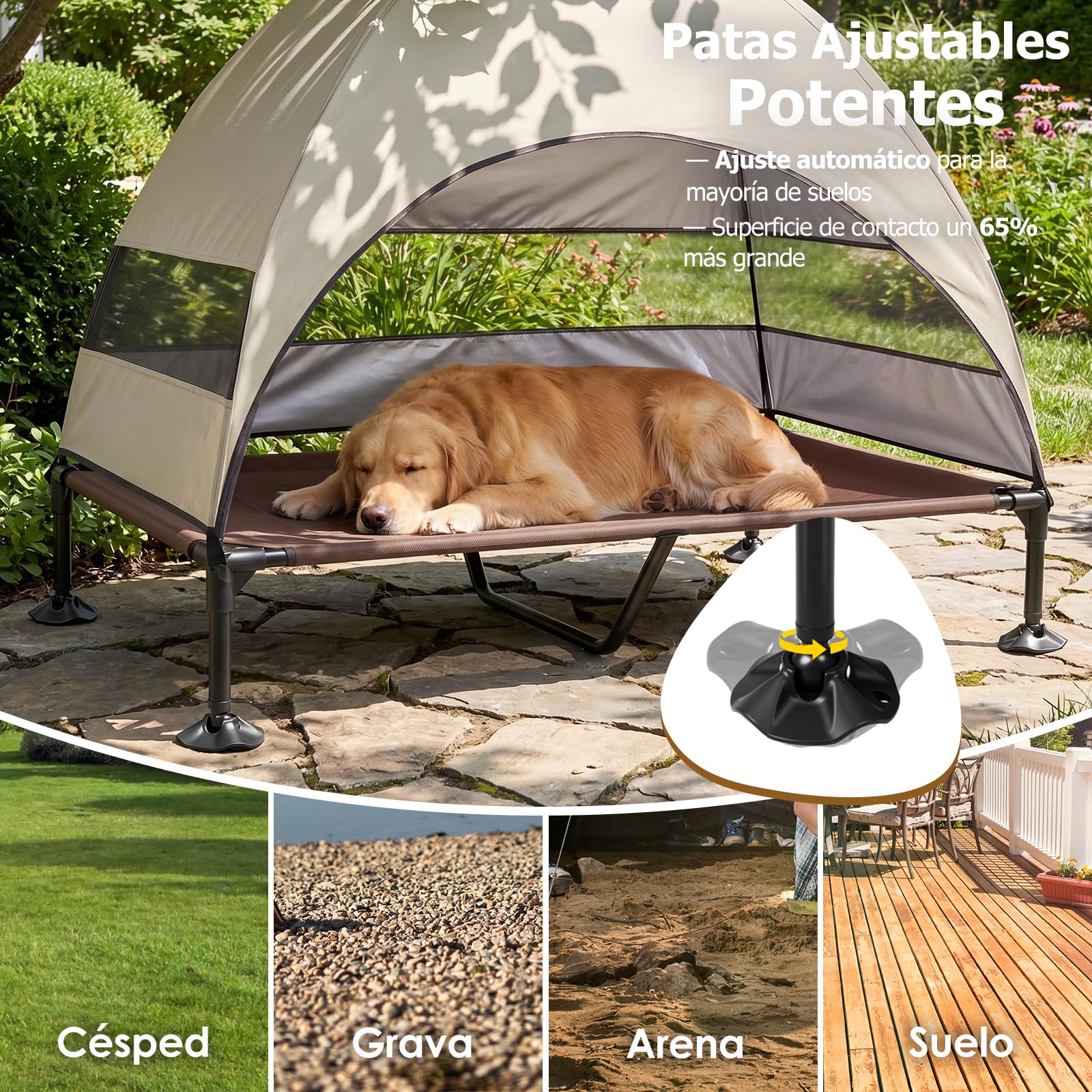 Cama elevada para Perros al Aire Libre con Techo, Tumbona Plegable con pies Antideslizantes, Tienda para Perros al Aire Libre con Gran Sombra, Cama elevada para Camping, jardín, Playa (Caqui, XL)
