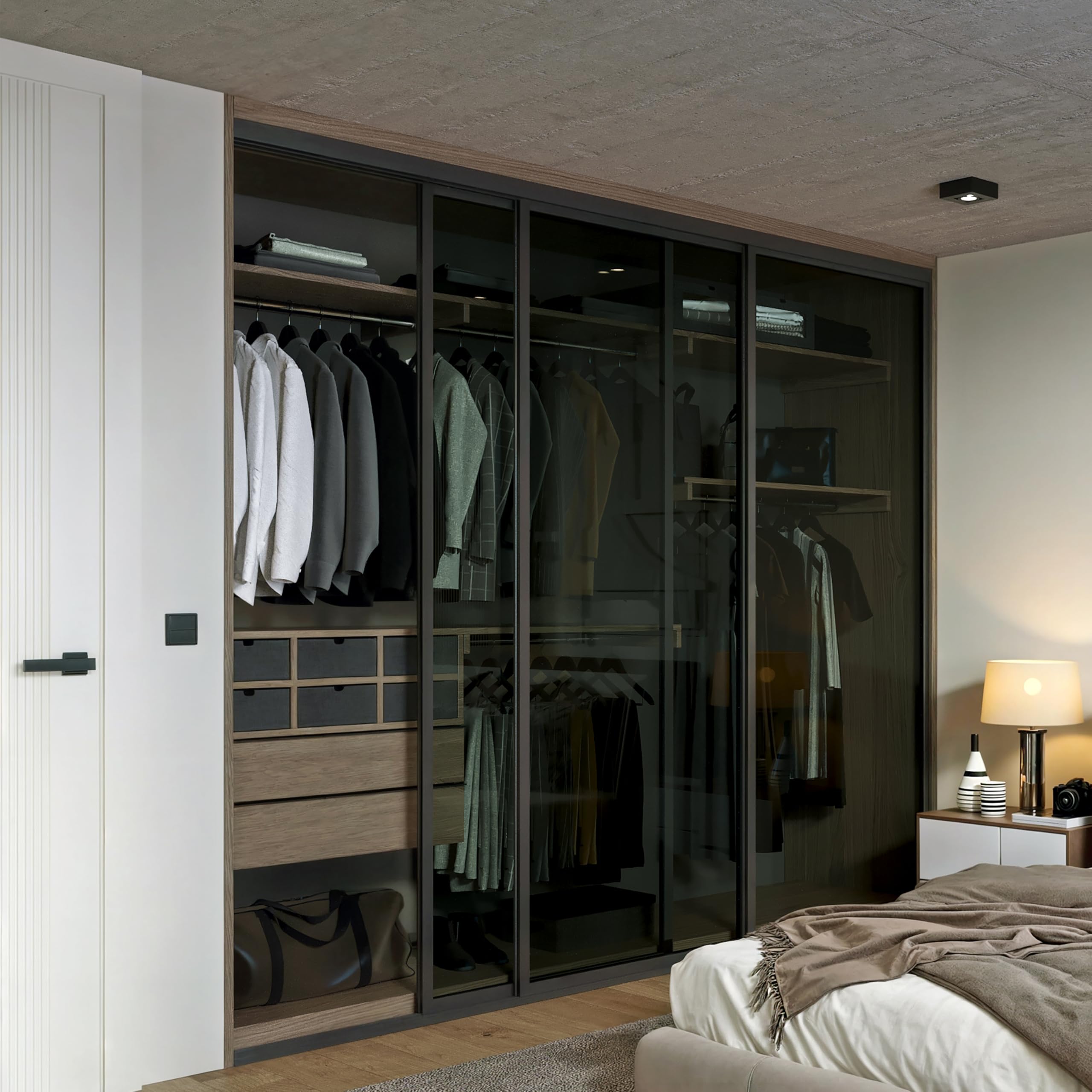 Door55 3 Panel Glass Sliding Closet Door, Aluminum Frame, Silent