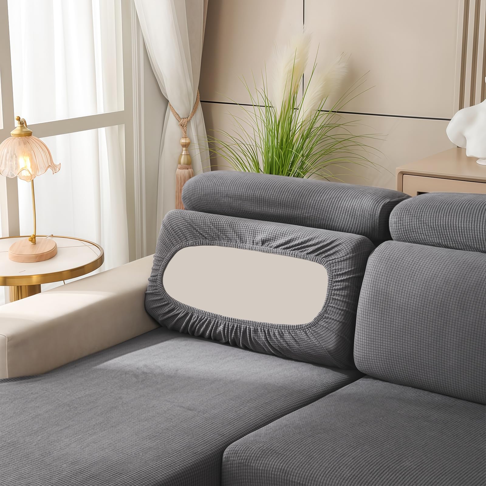 AMFUN Stretch Sofa Seat Cushion Cover,Non-Slip Cushion Covers with 2 Straps,Caravan Seat Cover Stretch,Replacement for Individual Cushion Furniture Protector(Dark Gray, W 160-200 cm, D 60-90cm)