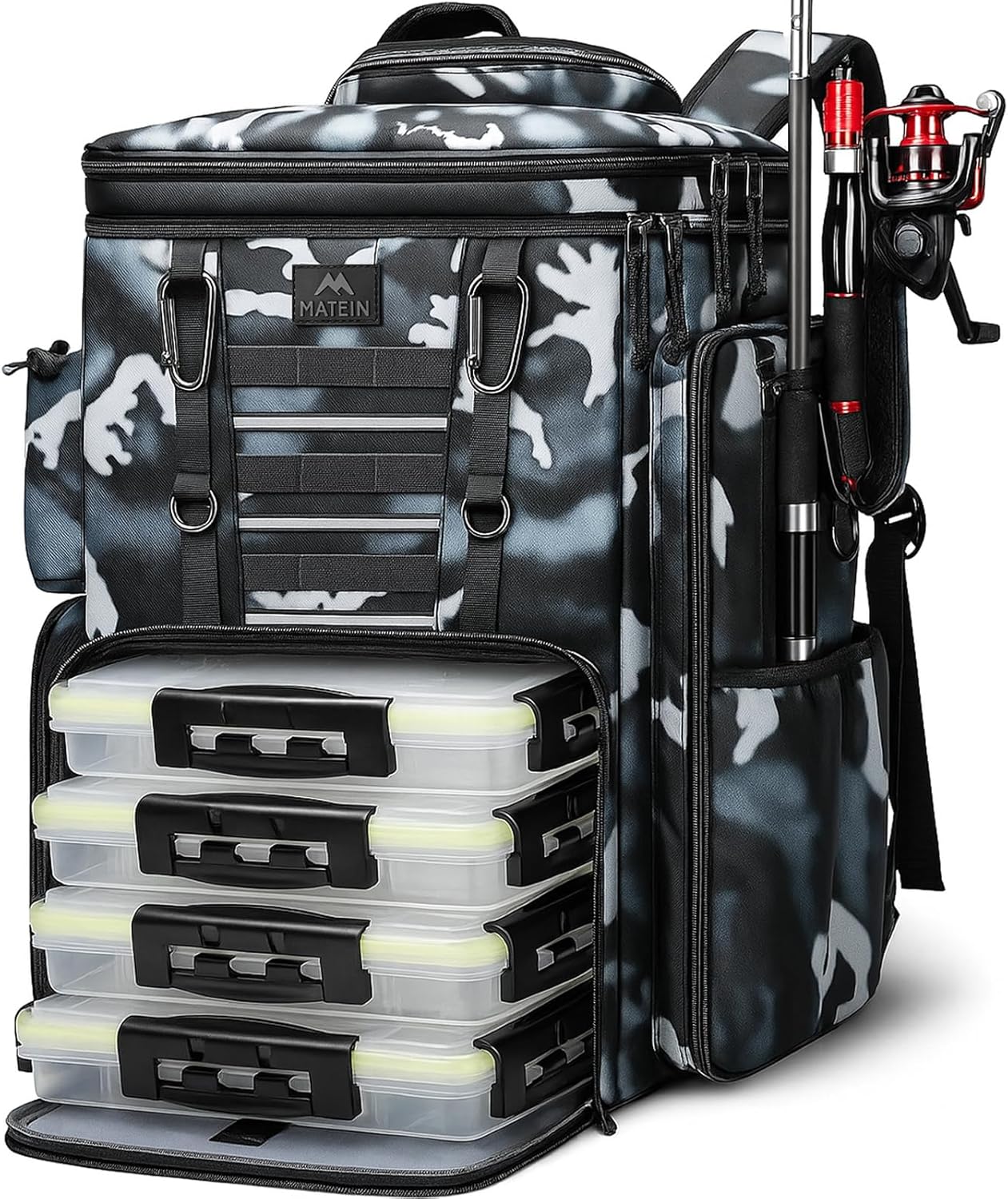 MATEIN Fishing Backpack with Tackle Boxes, Extra Large Tackle Bag with Rod Holders & 4 Trays & Rain Cover for 3700 & 3600 Camouflage