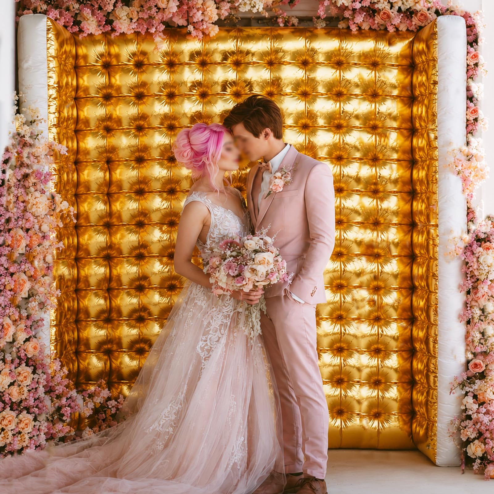 Toile de fond gonflable pour photomaton – Toile de fond portable de 2,6 x 2,4 x 1,2 m avec lumières LED, installation facile pour fêtes, mariages, anniversaires et événements – Doré