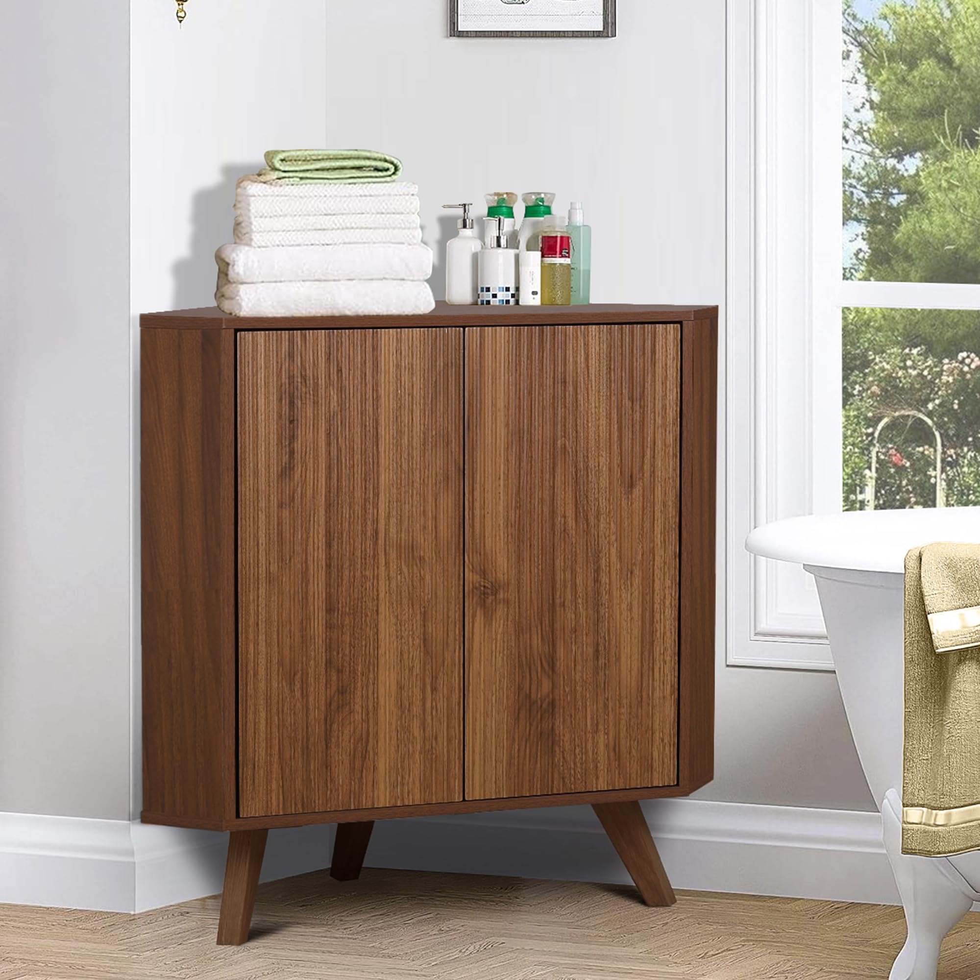 Mobiletto angolare in legno con motivo ondulato – Mobile salvaspazio moderno in legno per soggiorno, camera da letto, bagno