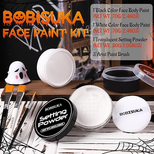 Miniatura 2 de BOBISUKA Pintura facial en blanco y negro + polvo de fijación + 3 pinceles de artista, kit de pintura facial para adultos, gran capacidad, paleta de