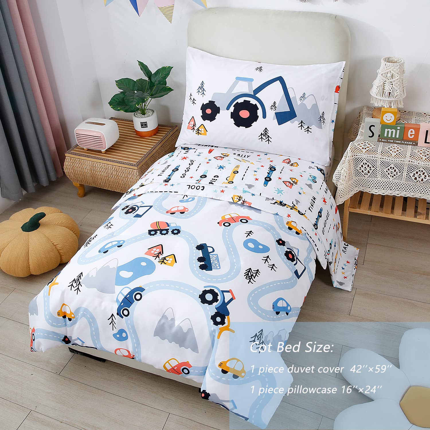 STYHO Toddler Bedding Set Cars Print Duvet Cover Set for Boys/Junior Reversible Lovely Colorful Comforter Cover Soft Breathable Truck Cot Duvet Covers(White - Image 4