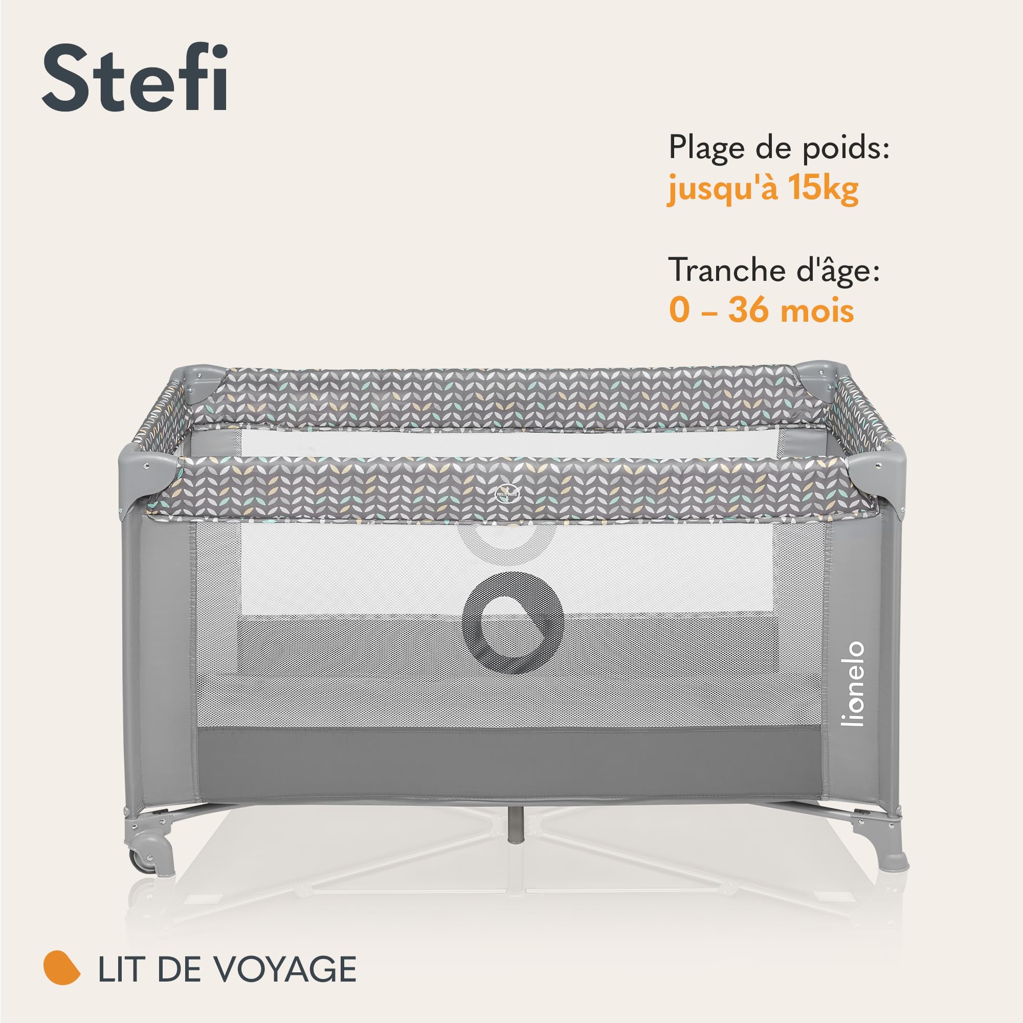 LIONELO Stefi lit bebe bebe jusqu'à 15 kg, entrée latérale, dispositif de protection contre le pliage accidentel LockGuard, système de pliage rapide, sac de transport (GREY)