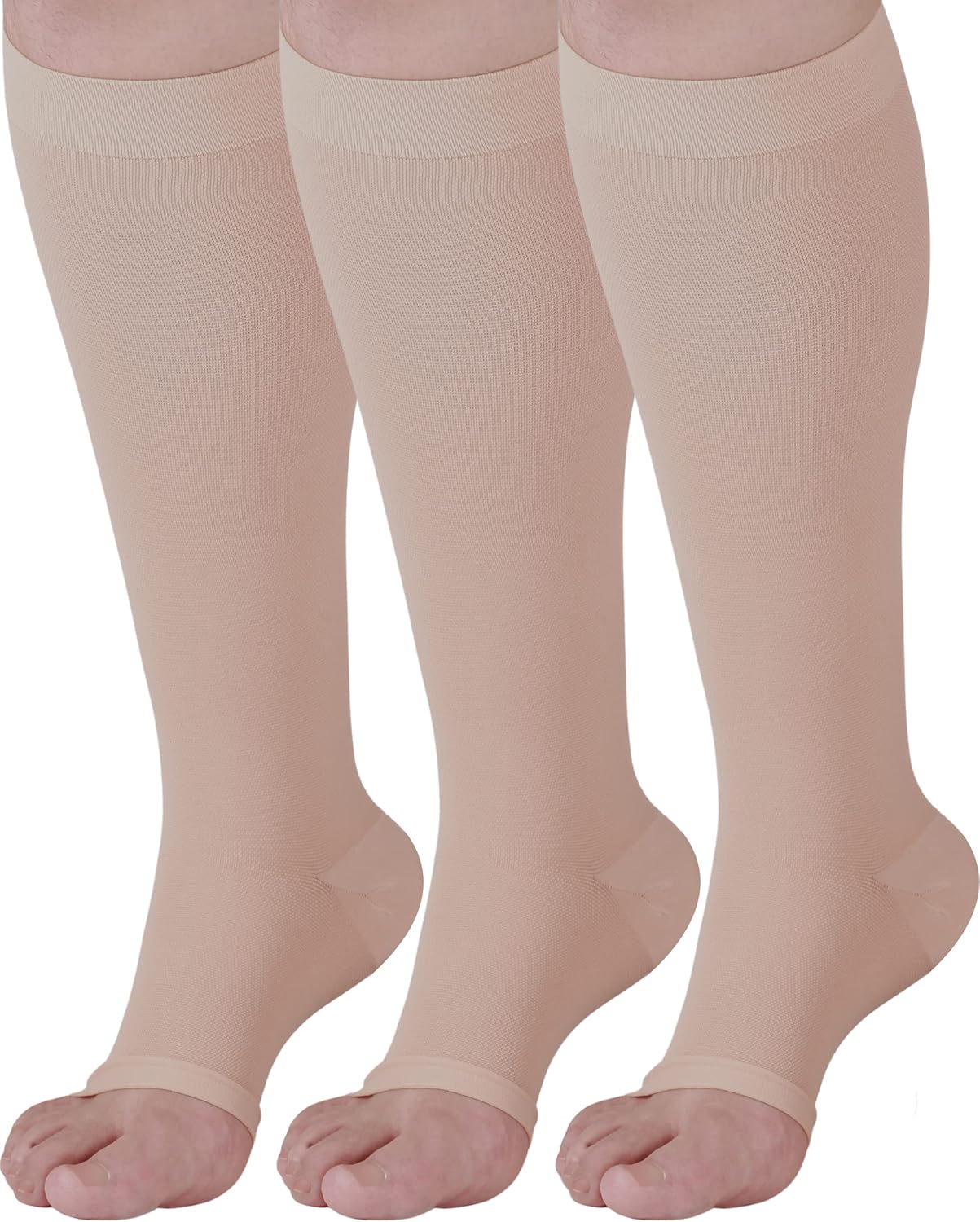(3 Pair Opaque Compression Socks for Circulation Men & Women Graduated 20-30mmHg Compression Open Toe - Compression Knee Hi Prevents Swelling Pain Edema - Beige, X-Large