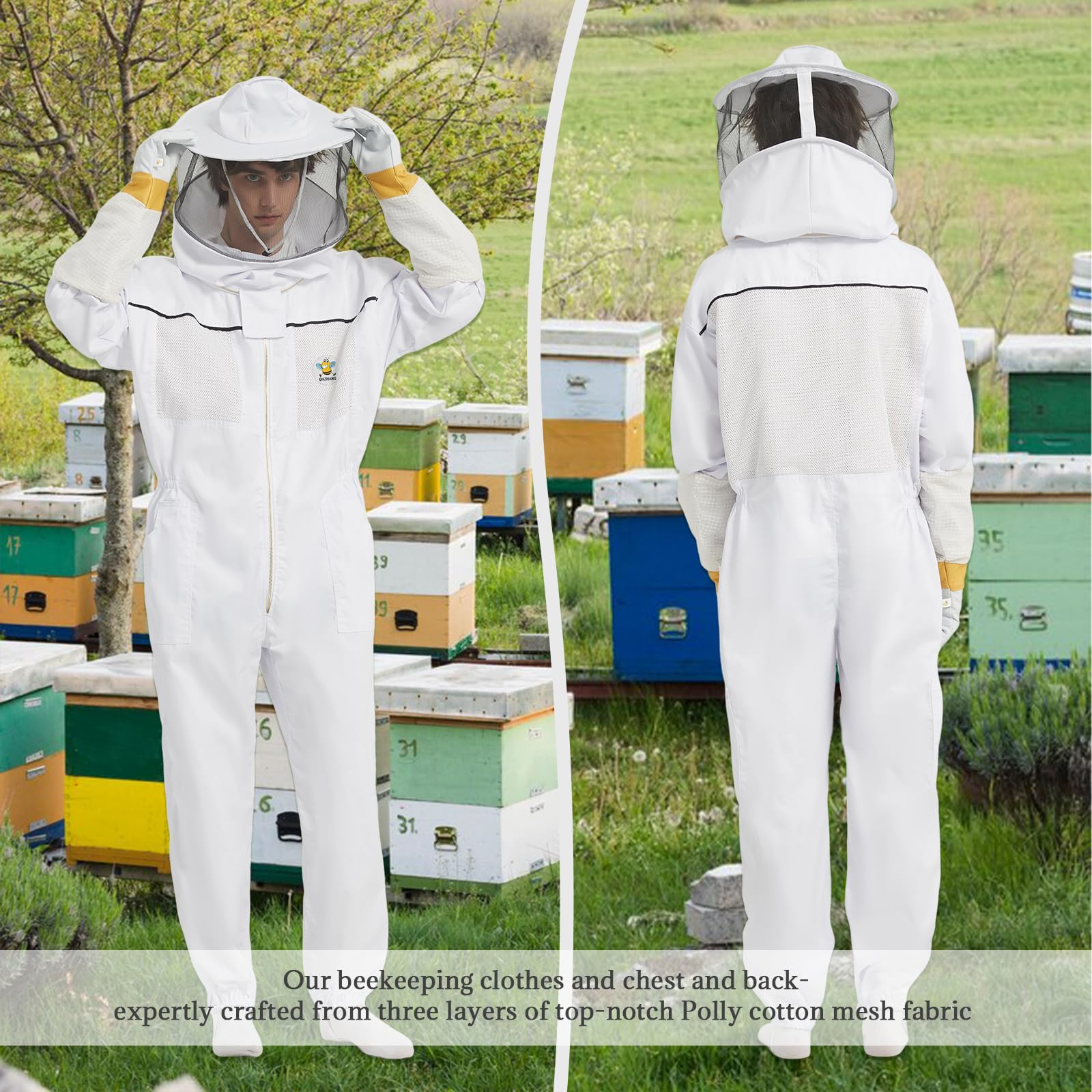 Tuta da apicoltura professionale ventilata per uomini e donne, tuta da apicoltura con guanto e due cappuccio ventilato