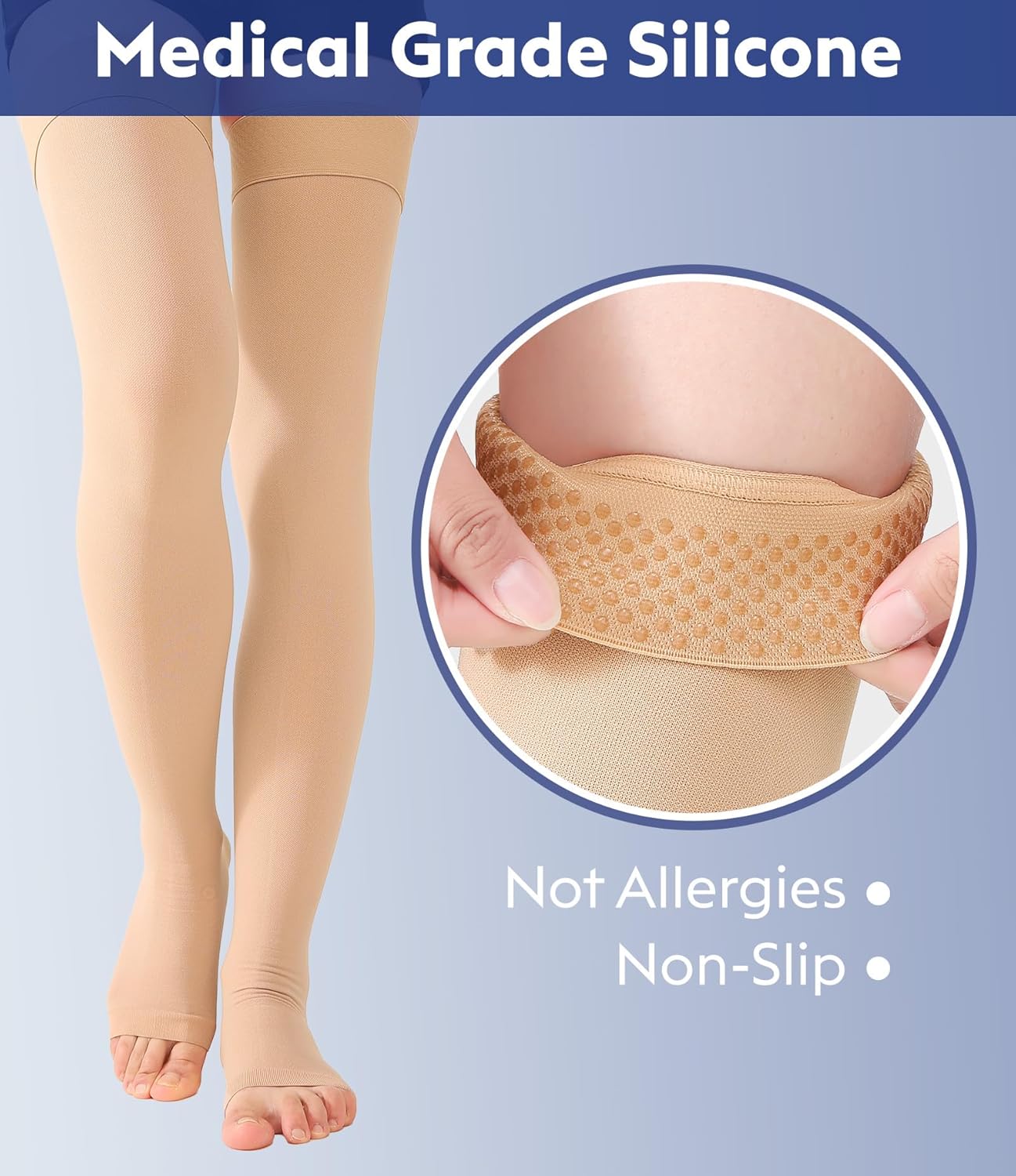 Thigh High Compression Stockings Toeless - Unisex, Opaque, KEKING 20-30mmHg Graduated Compression Leg Support Hose with Anti-Slip Silicone Band - Swelling, Varicose Veins, Edema, Travel, Beige X-Large - Image 2