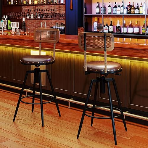 Miniatura 8 de Juego de 2 taburetes de bar de granja con respaldo, taburetes giratorios de madera rústica de 42 pulgadas, taburetes de altura de mostrador, sillas