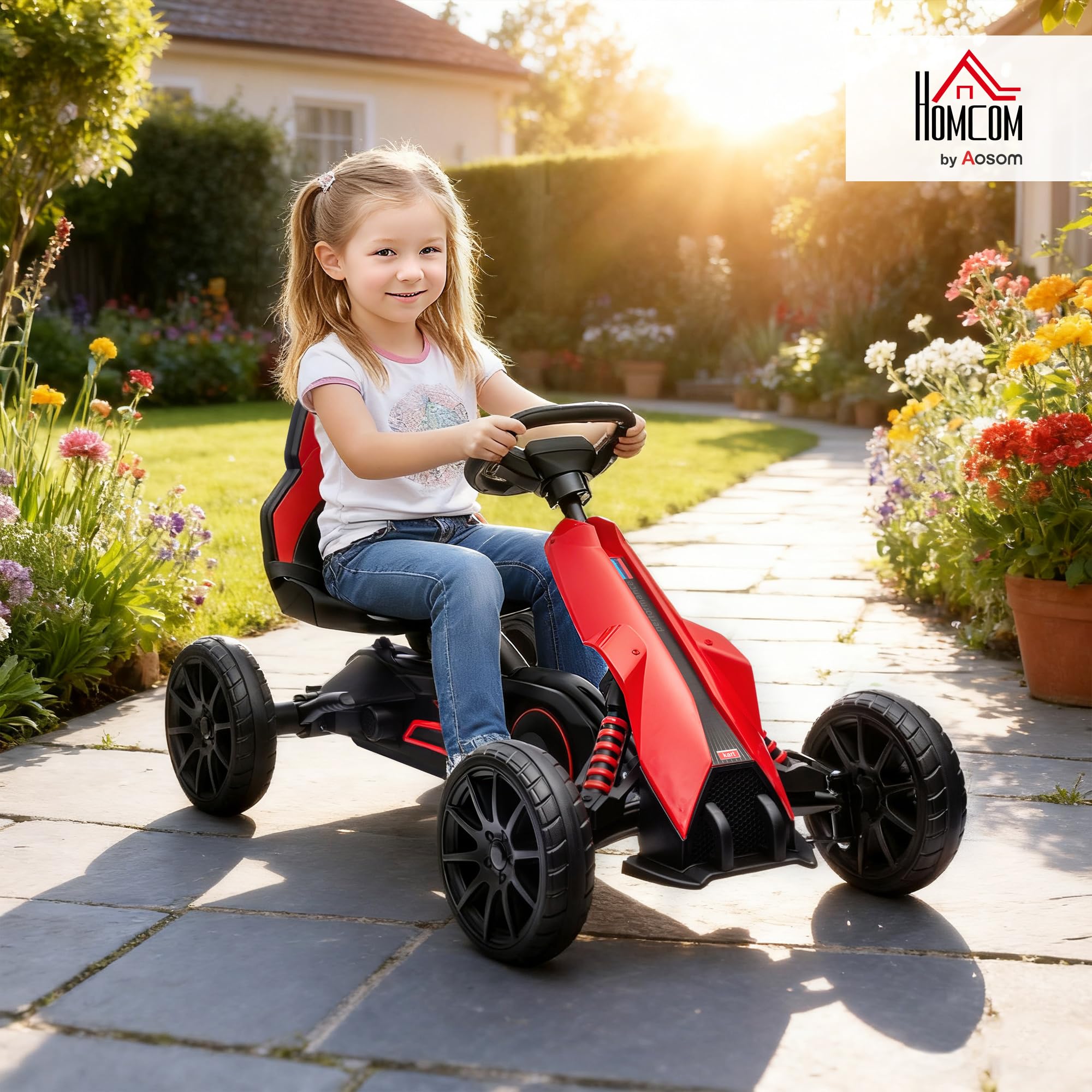 HOMCOM Kart na pedały dla dzieci, go-Kart z regulowanym siedziskiem 4-pozycyjnym, ciche koła EVA, 100 x 58 x 58,5 cm, rower i pojazd dziecięcy, czerwony i czarny