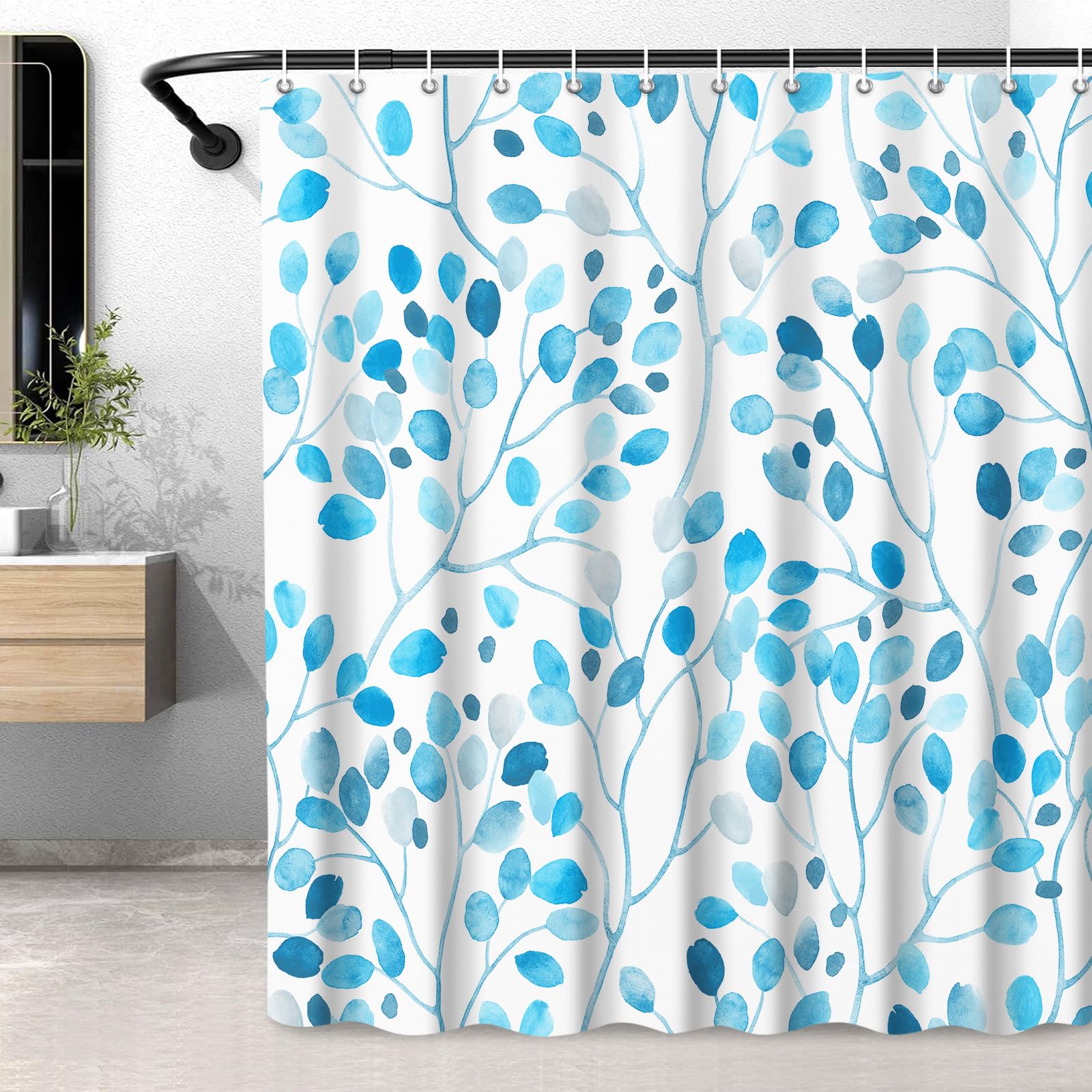 LXBNI Floral Leaf Shower Curtain, Colorful Flower Leaves Boho Polyester Fabric Shower Curtain with Plastic Hooks, Bathroom Decor Machine Washable Curtain 72x72 Inches, Moonlight Blue — image 1