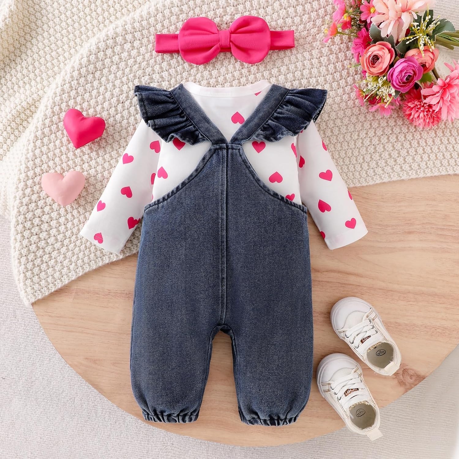 Baby Girl Clothes Outfits Fall Winter Cute Love Romper Bear Cartoon Overalls Jeans Pants Headband Set 0-18 Months - Image 3
