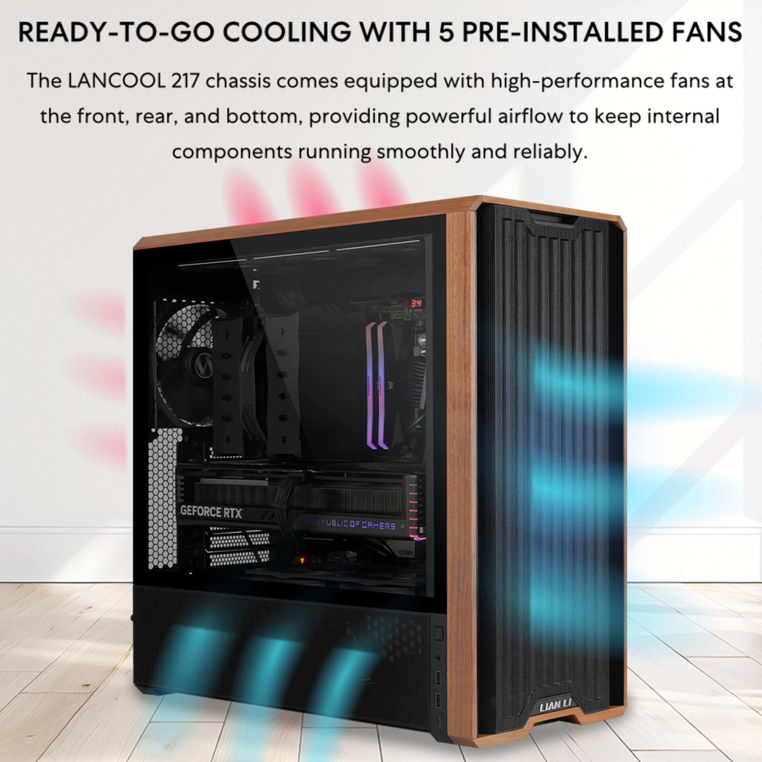 Lian Li LANCOOL 217 Genuine Walnut Wood Computer Case, Mid-Tower ATX PC Case with 5 Pre-Installed PWM Fans 2x170mm, 2x120mm & 1x140mm, Flexible PSU & Cable Installation - Black (LAN217X)