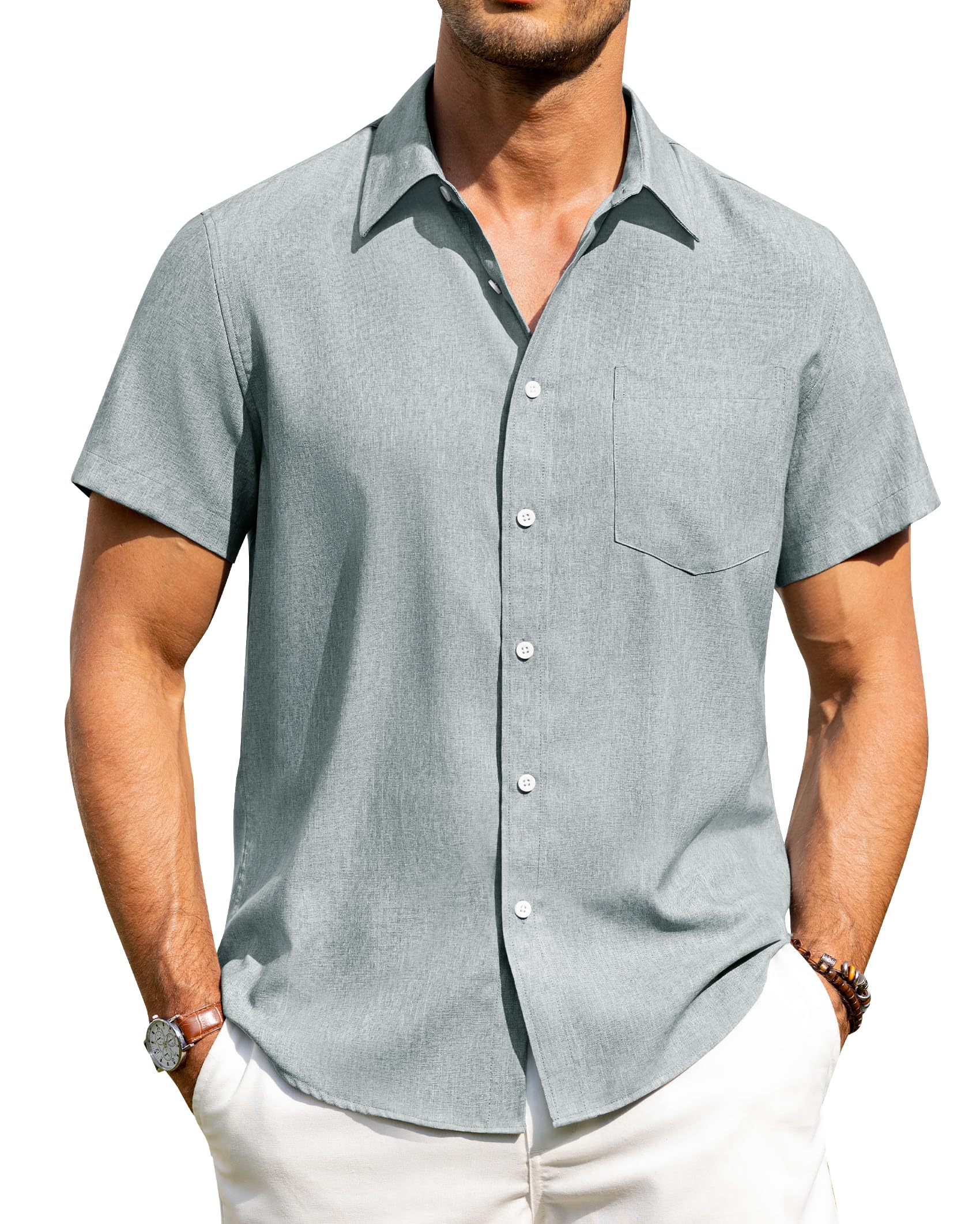 Alimens & Gentle Mens Linen Shirts Short Sleeve Button Down Shirts Wrinkle Free Casual Vacation Beach Summer Tops