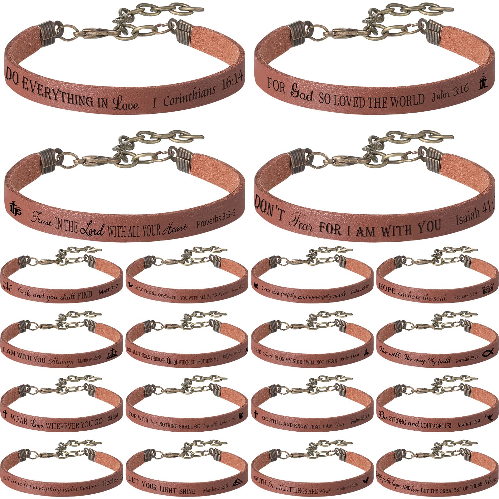 Jeyiour 20 Pcs Christian Bracelets for Women Men Inspirational Leather Bible Verse Quote Bracelet for VBS Sunday School Church Favor
