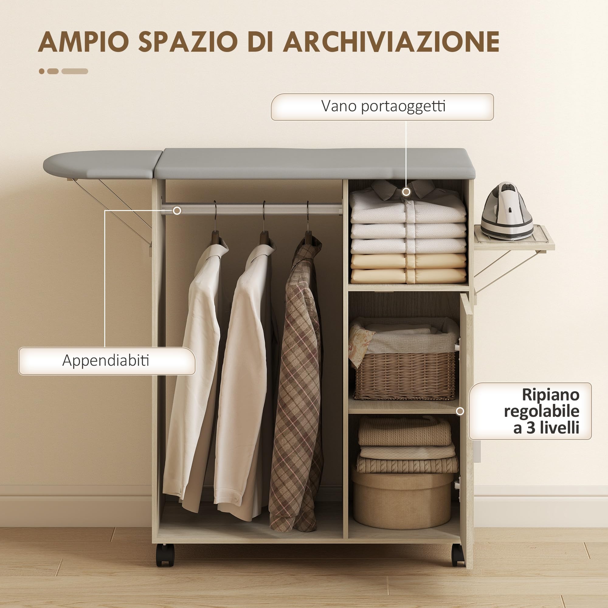 HOMCOM Table à Repasser Pliable avec roulettes à Frein et Porte-Fer à Repasser, Meuble à Repasser Multifonctionnel avec Barre à cintres, étagères réglables, pour buanderie, Salle de Bain, 127 x 42,5