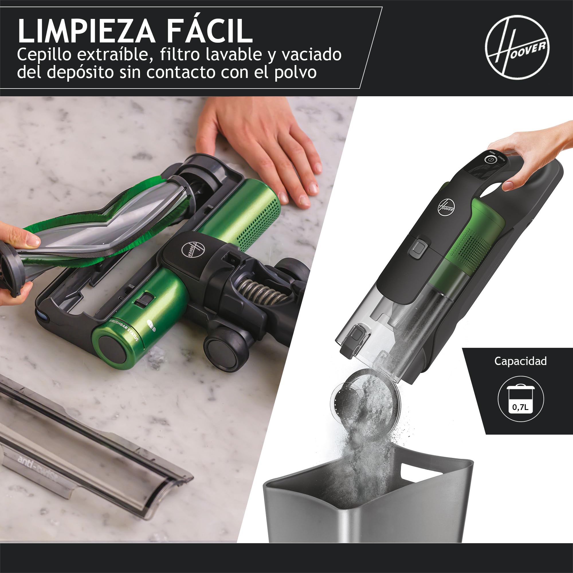 Hoover HF9 Especial Mascotas HF920P, Aspiradora Escoba sin Cable, sin Bolsa, 3 en 1, Escoba, de Mano y Vertical, Cepillo Antienredos, Autonomía 60 min, Color Gris/Verde