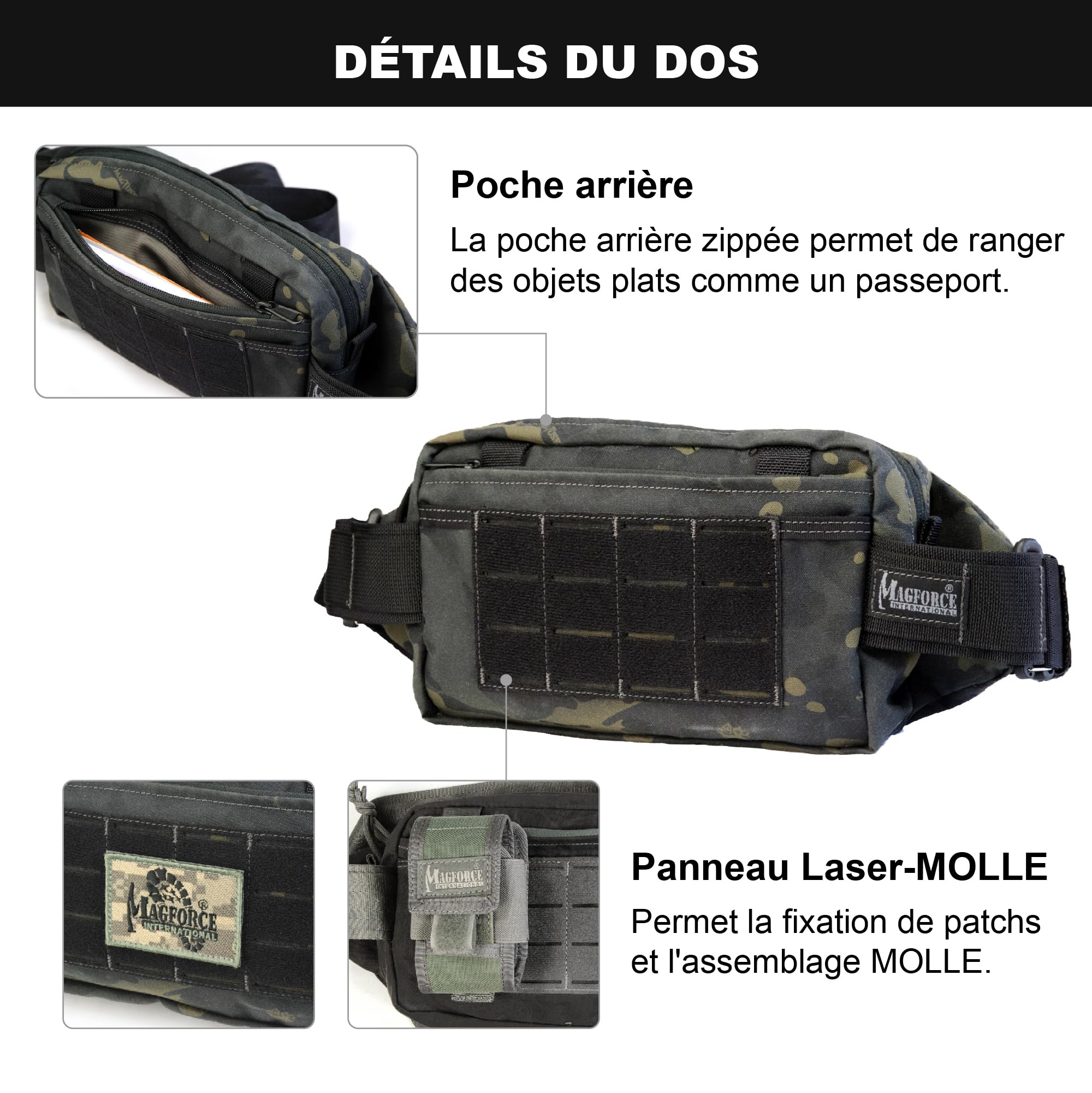 Magforce Sac Banane Tactique City Traveler pour Homme – Voyage et randonnée, léger, Grande capacité, Multiples Poches, Pochette Multifonction en Nylon avec Fermeture éclair, Camouflage Noir, Taille S
