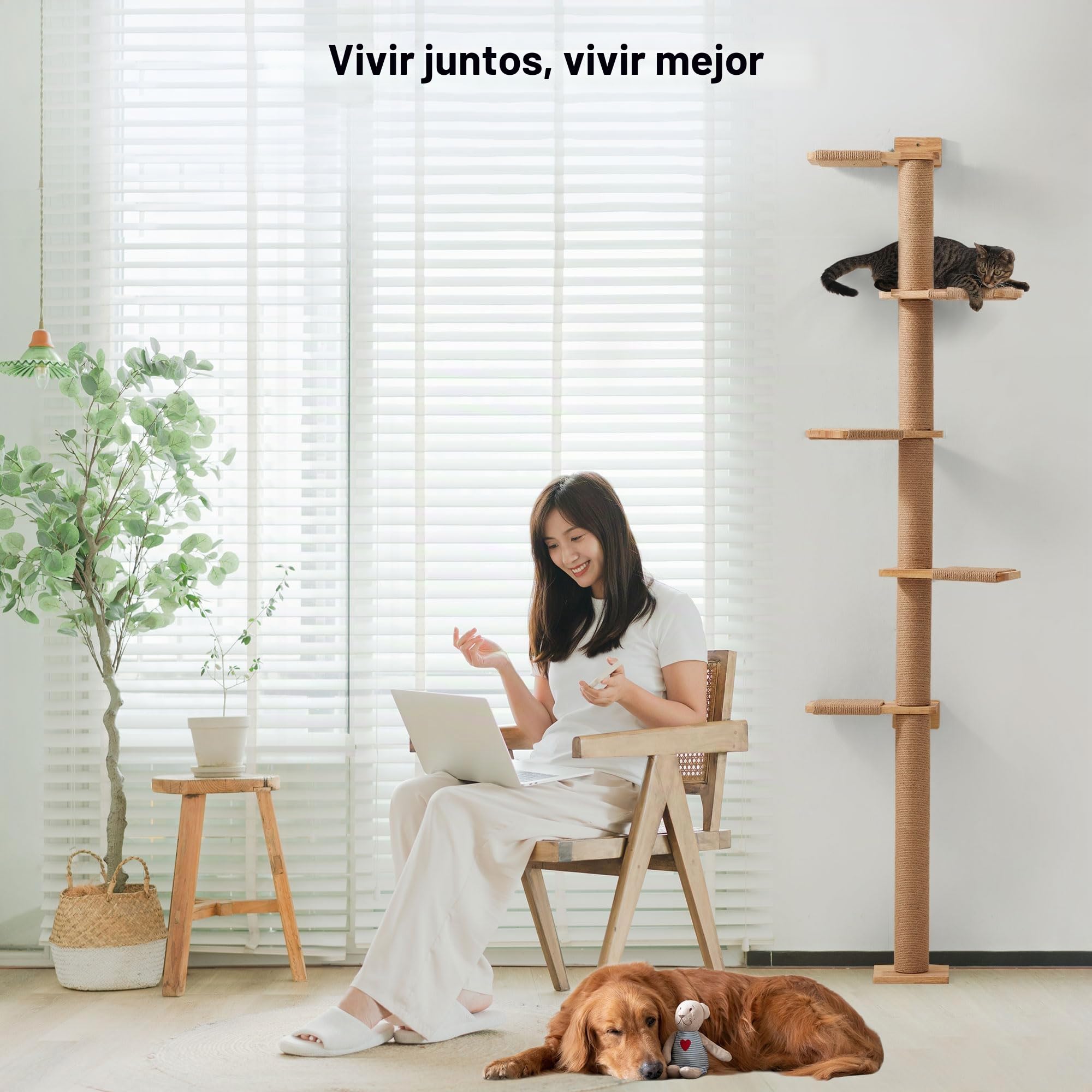 FUKUMARU Torre de 5 Niveles para Gatos 206 cm Madera de Caucho Natural Montado en Pared