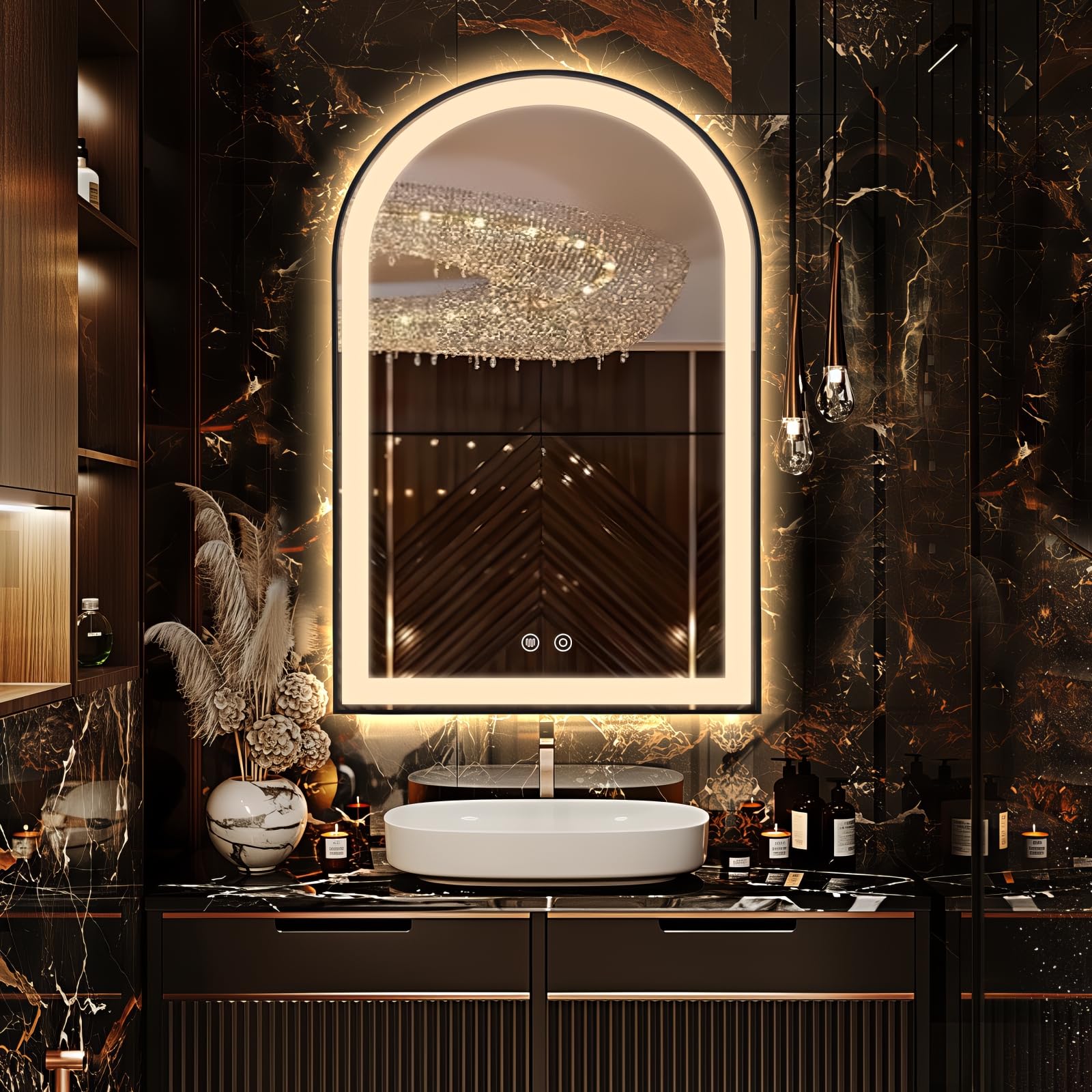 TheiaMo Arched LED Bathroom Mirror, 24x36 inch, black frame