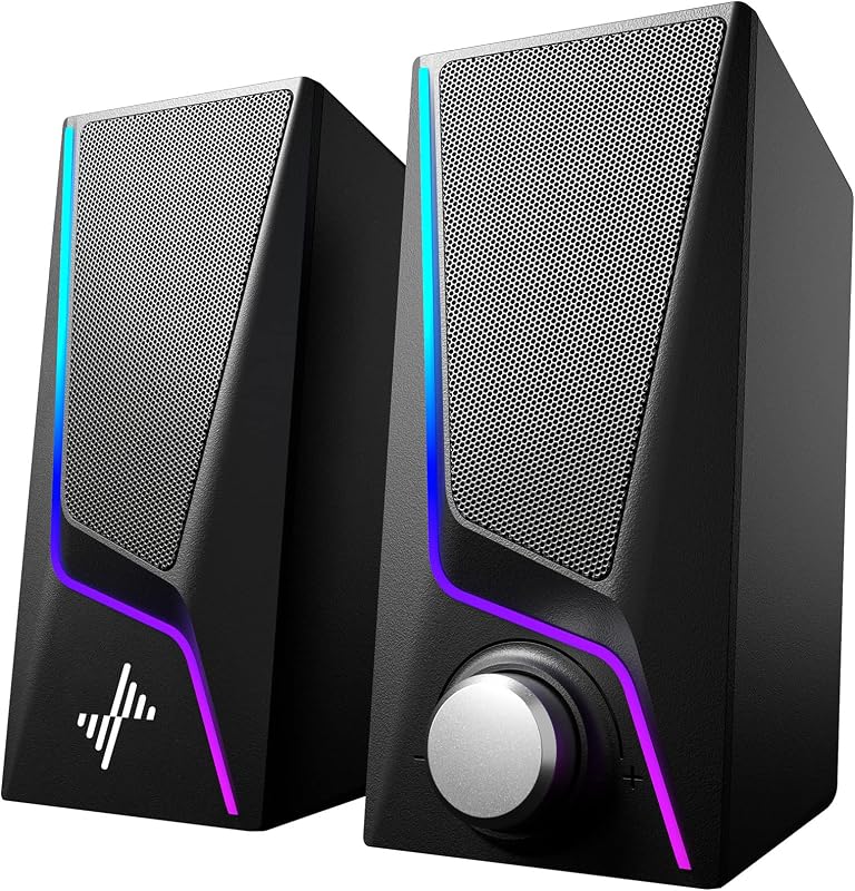 parlantes para computadora de sobremesa, parlantes para PC con 6 modos de iluminación | Alimentado por USB con AUX de 3,5 mm, dos unidades de parlante y 2 puertos de refuerzo de graves para PC, portátiles y monitores