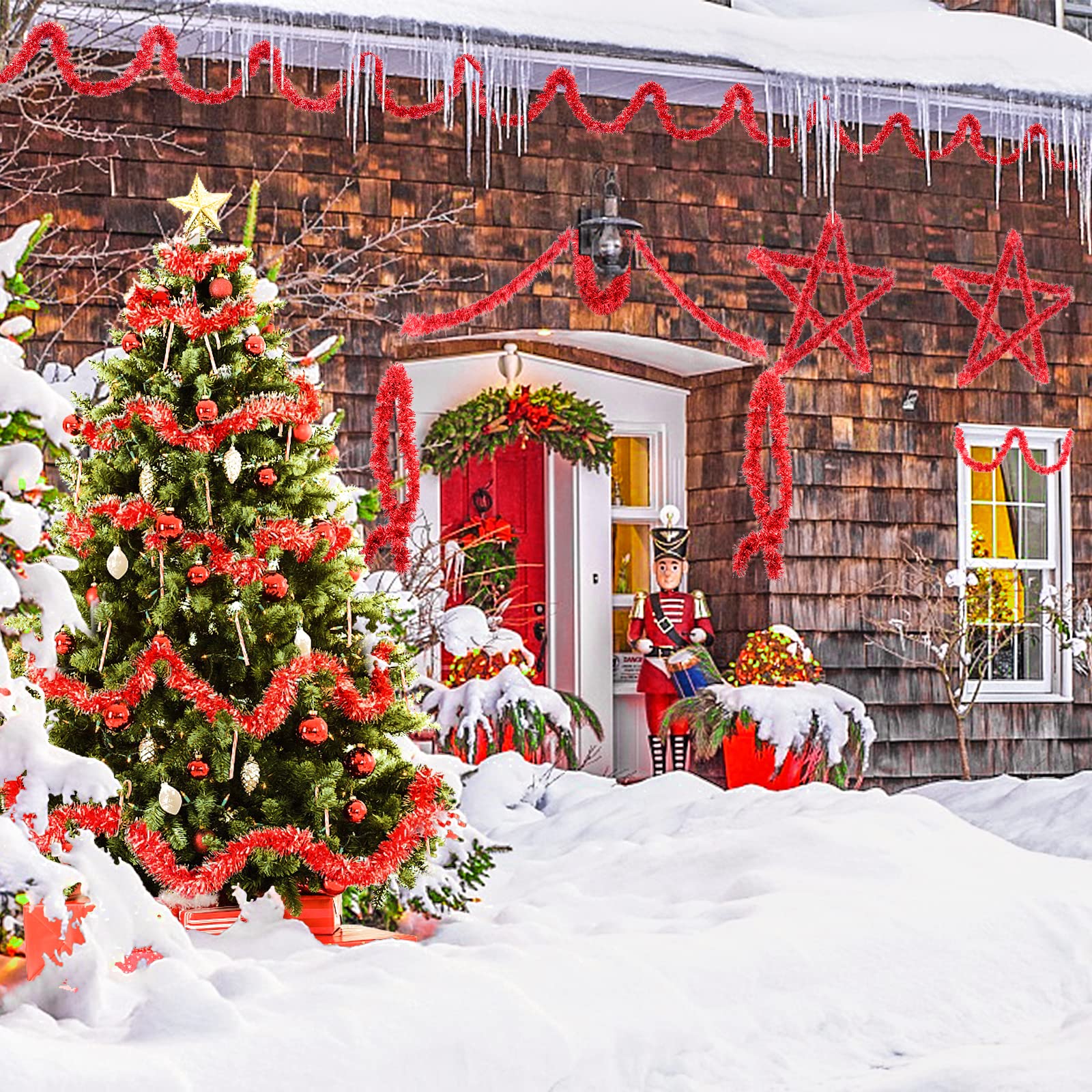 Espumillon Arbol Navidad, 20M/ Paquete de 10 Guirnalda Navidad Metálico Oropeles Brillantes Espumillón Navidad Guirnaldas Navideñas Decoración para Boda Fiesta Hogar Interior y Exterior Rojo