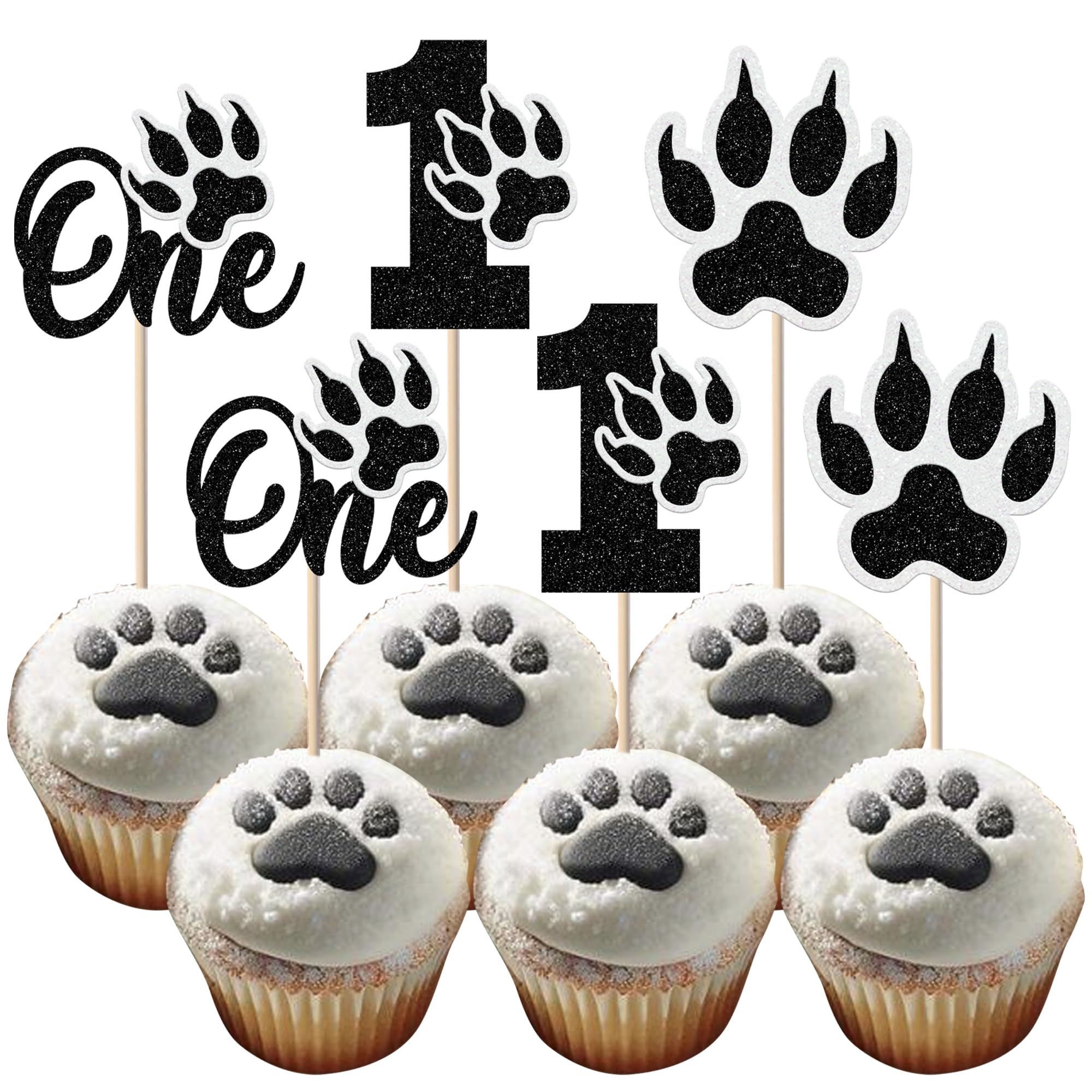 Xsstarmi 24 Pack Paw Cupcake Toppers - Glitter 1st Birthday Cat's Paw Pets & Baby Shower Cake Decorations