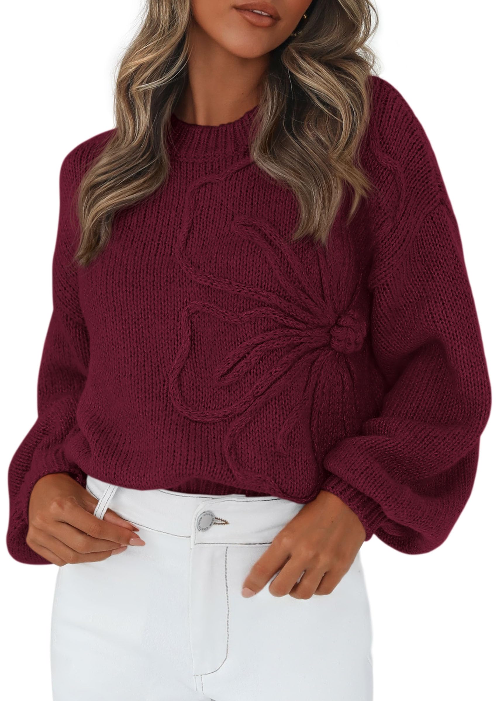 PRETTYGARDEN Womens Sweaters 2025 Fall Fashion Long Sleeve Crewneck Floral Knit Pullover Sweater Tops Winter Clothes