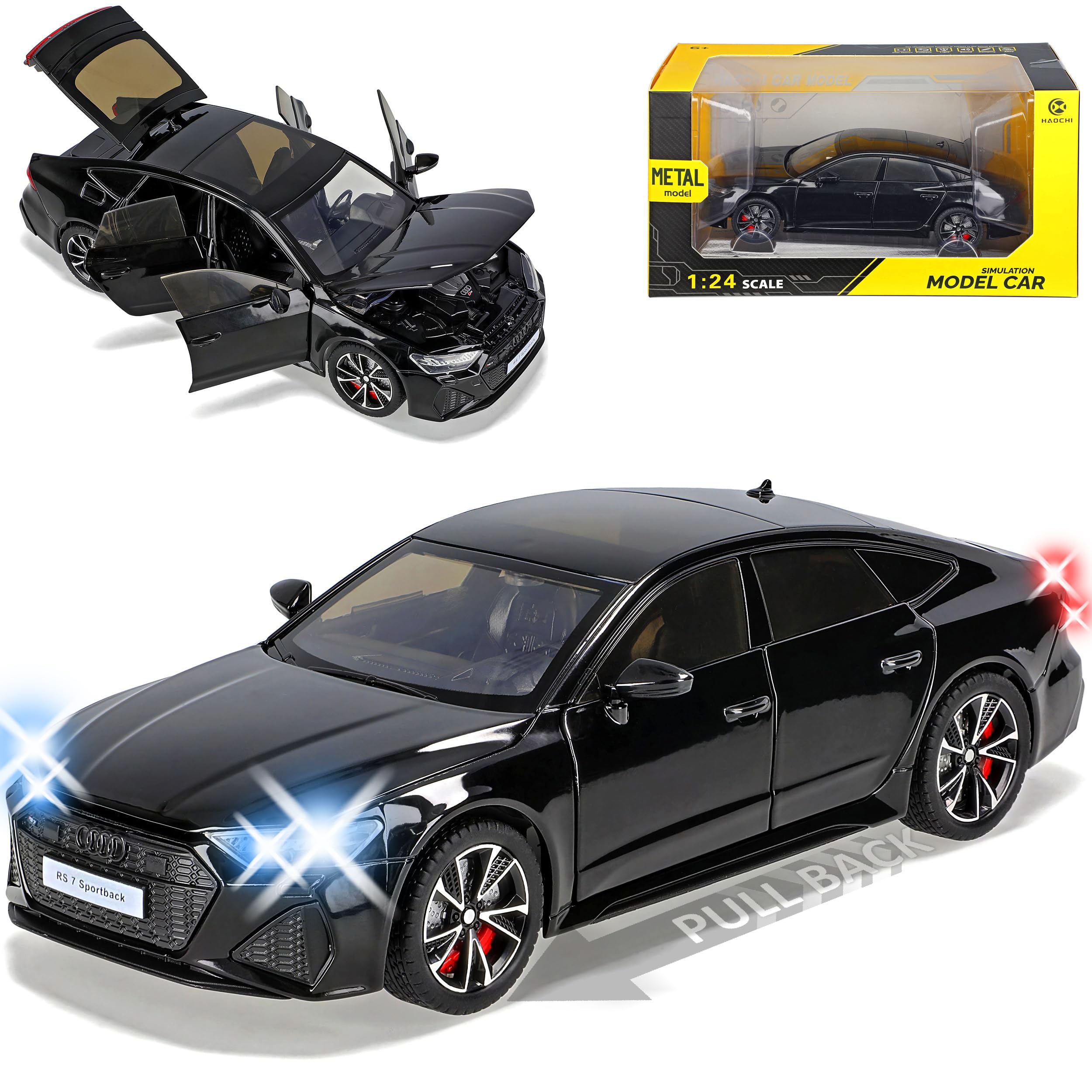 Generisch A*u*d*i A7 RS7 C8 Limousine Schwarz 2018-2025 mit Licht und Sound 1/24 Modell Auto