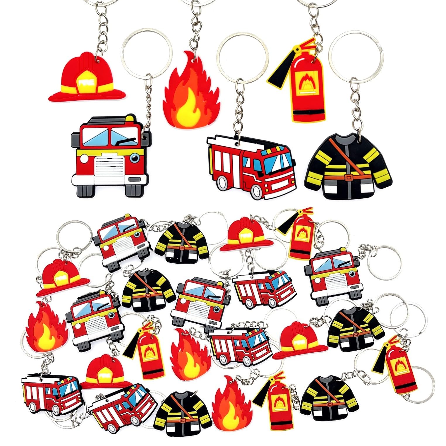 JZK 30x Firefighter keyring fireman keychain fire truck key ring fire extinguisher helmet jacket key chain, fire fighter theme birthday party favours gift party supplies decoration