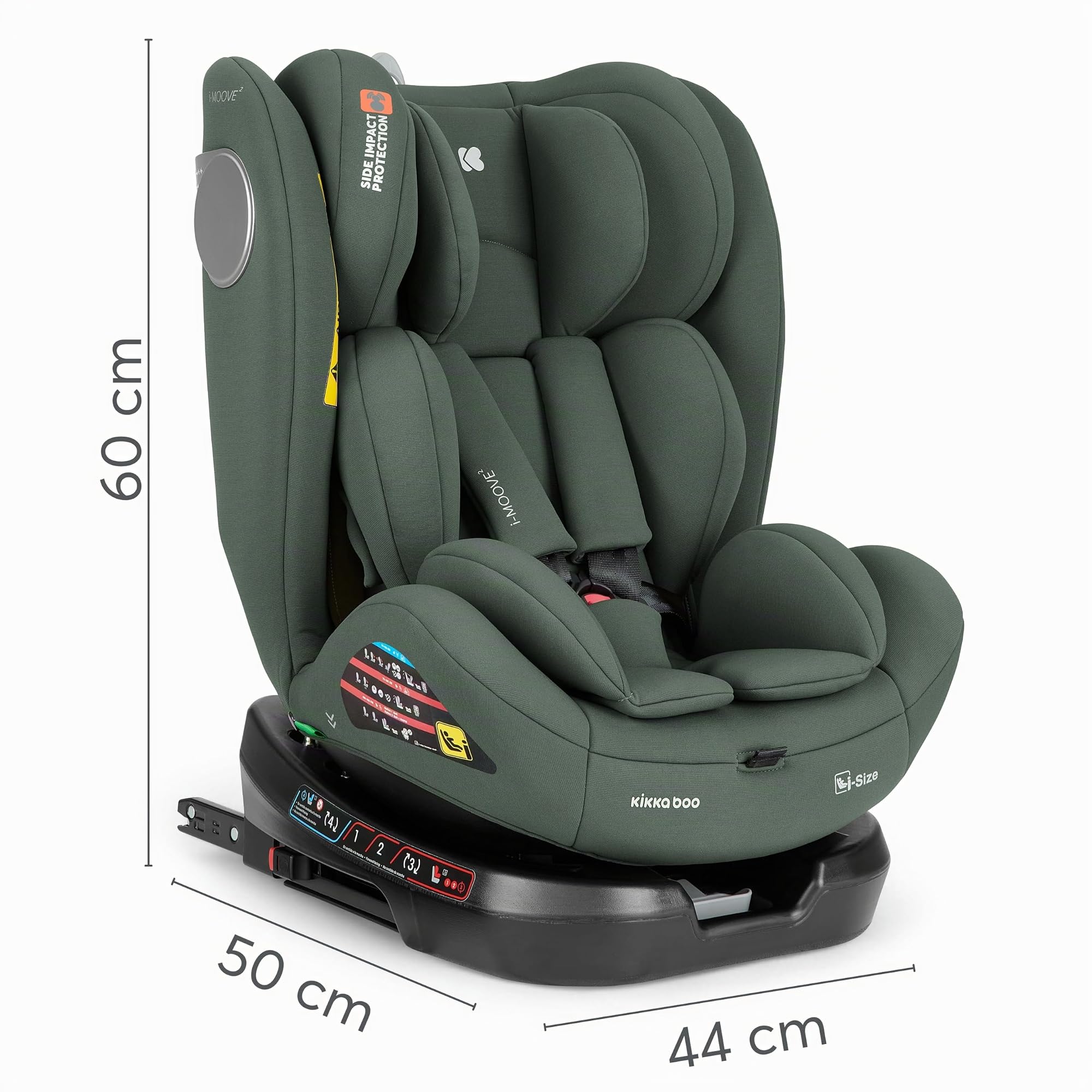 KikkaBoo Siège Auto Bébé 0 à 36 kg (40-150 cm) i-MOOVE 2, Rotation 360°, ISOFIX, i-Size, Dos & Face à la Route, Appuie-tête Réglable, Inclinable, Vert Armée