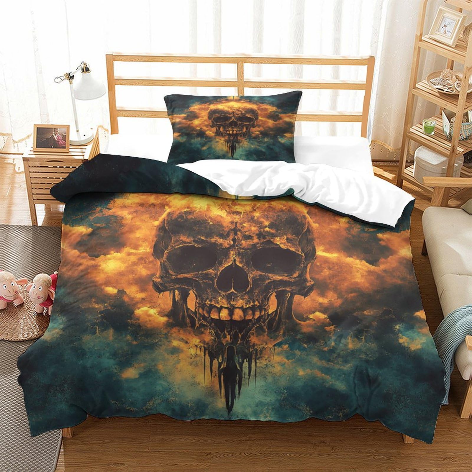 P1s9u7w5y Skull-4 Vintage Skull Art 3D Printed Duvet Cover Set 3Pcs Microfiber Gothic Clouds Bedding Set Single（135X200cm）
