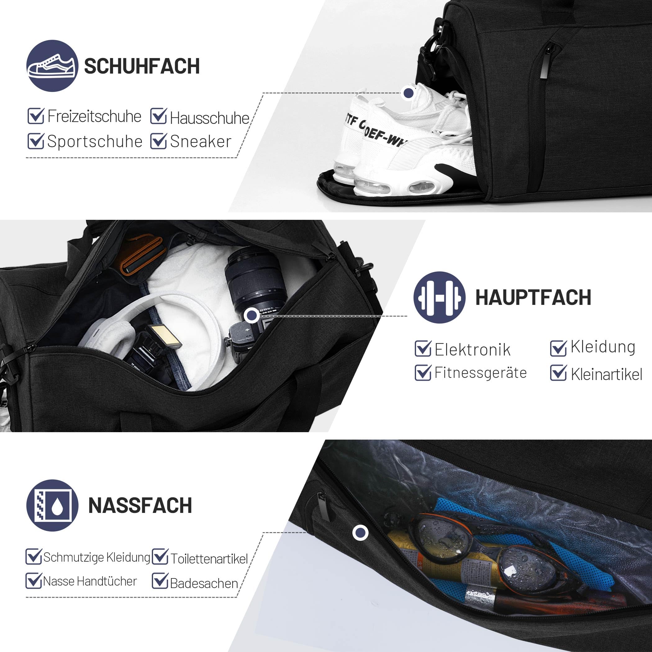 BECOJADDE Sporttaschen für Damen und Herren, 25L Reisetasche Duffel Bag Übernachtungstasche mit Schuhfach & Nassfach, wasserdichte Handgepäcktasche für Sport, Fitnessstudio, Schwimmen, Schwarz