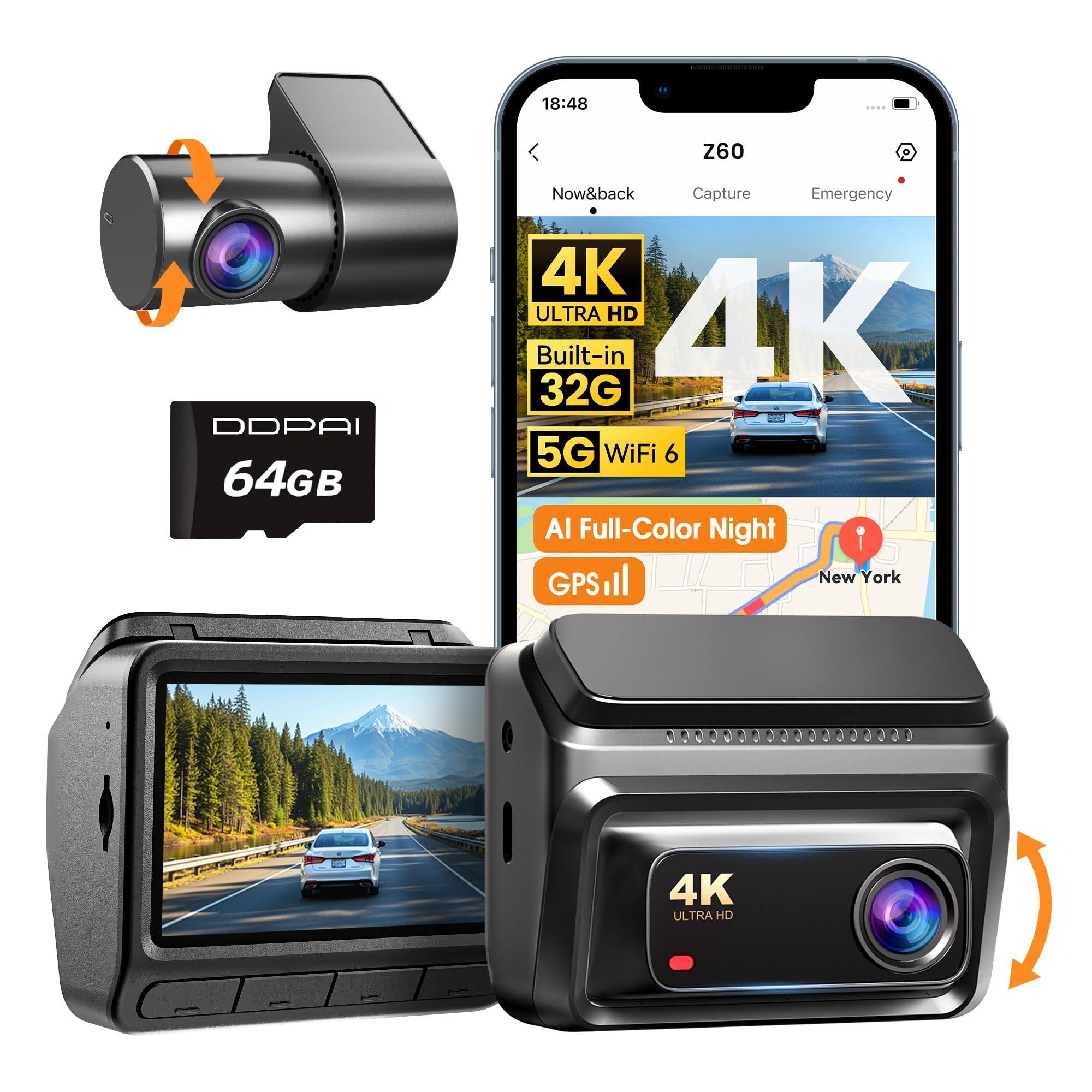 DDPAI Dash Cam Front and Rear, 4K + 1080P Real 4K Dashcam, 32G eMMC, Full Color Night Vision, 5GHz WiFi 6, 7 Days Parking Mode, GPS, 3" IPS, ADAS, WDR, Loop Recording, Z60"}