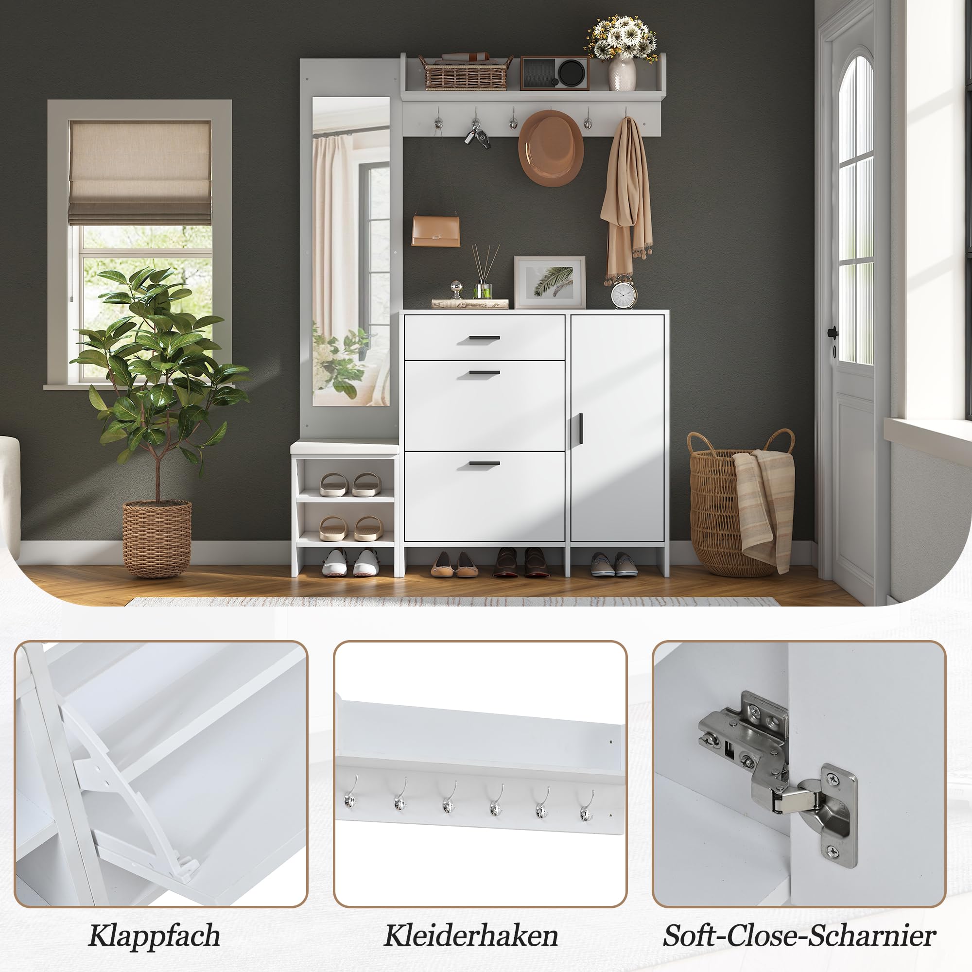 Garderobe Set Garderobenschrank mit Spiegel, Weiß, 140x30x200 cm