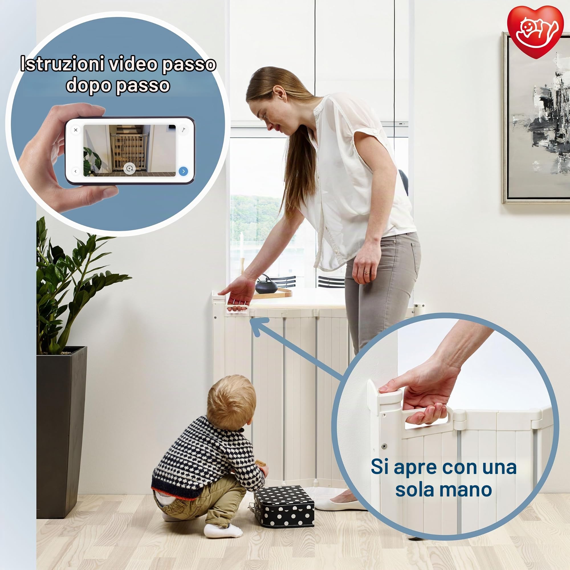 BabyDan Guard Me, cancelletto automatico a scomparsa per scale, larghezza 55-89 cm, con una sola mano, cancelletto per bambini e animali, bianco, Made in Denmark