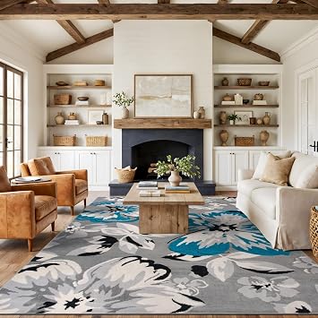 Rugshop Modern Floral Non-Shedding Living Room Area Rug Blue 76" x 95"