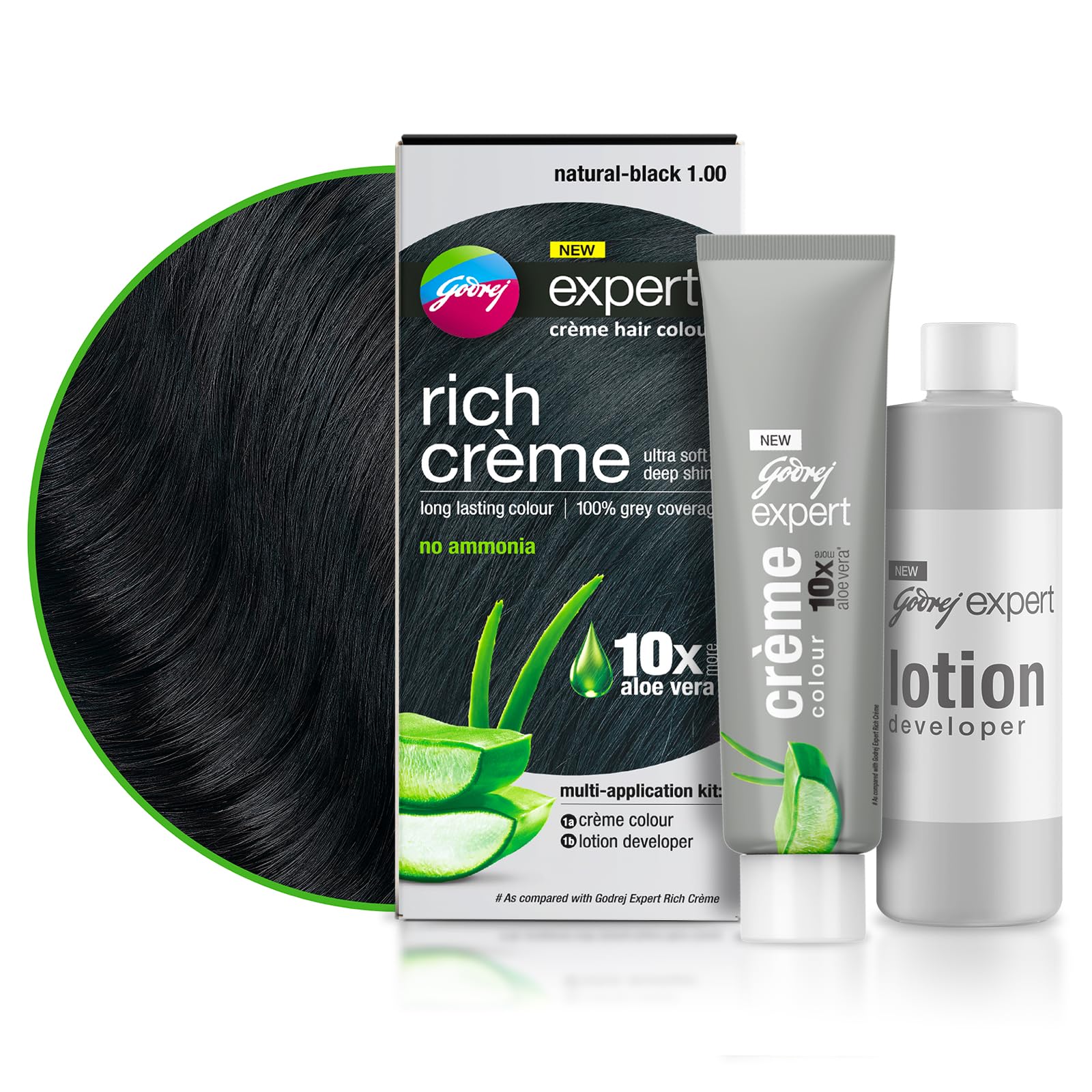 Godrej Expert Rich Crème Hair Colour for Women & Men – NATURAL BLACK Shade 1.00 (50ml + 50g) | No Ammonia | 10x Aloe Vera & 100% Grey Coverage