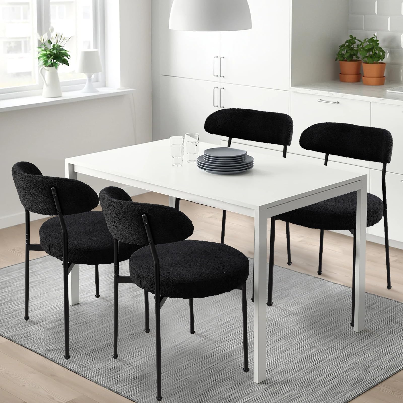 VICBARLEY Modern Boucle Dining Chair Set of 4 with Round Lambswool Upholstered Cushion Backrest and Metal Legs for Dining Room Kitchen Restaurant