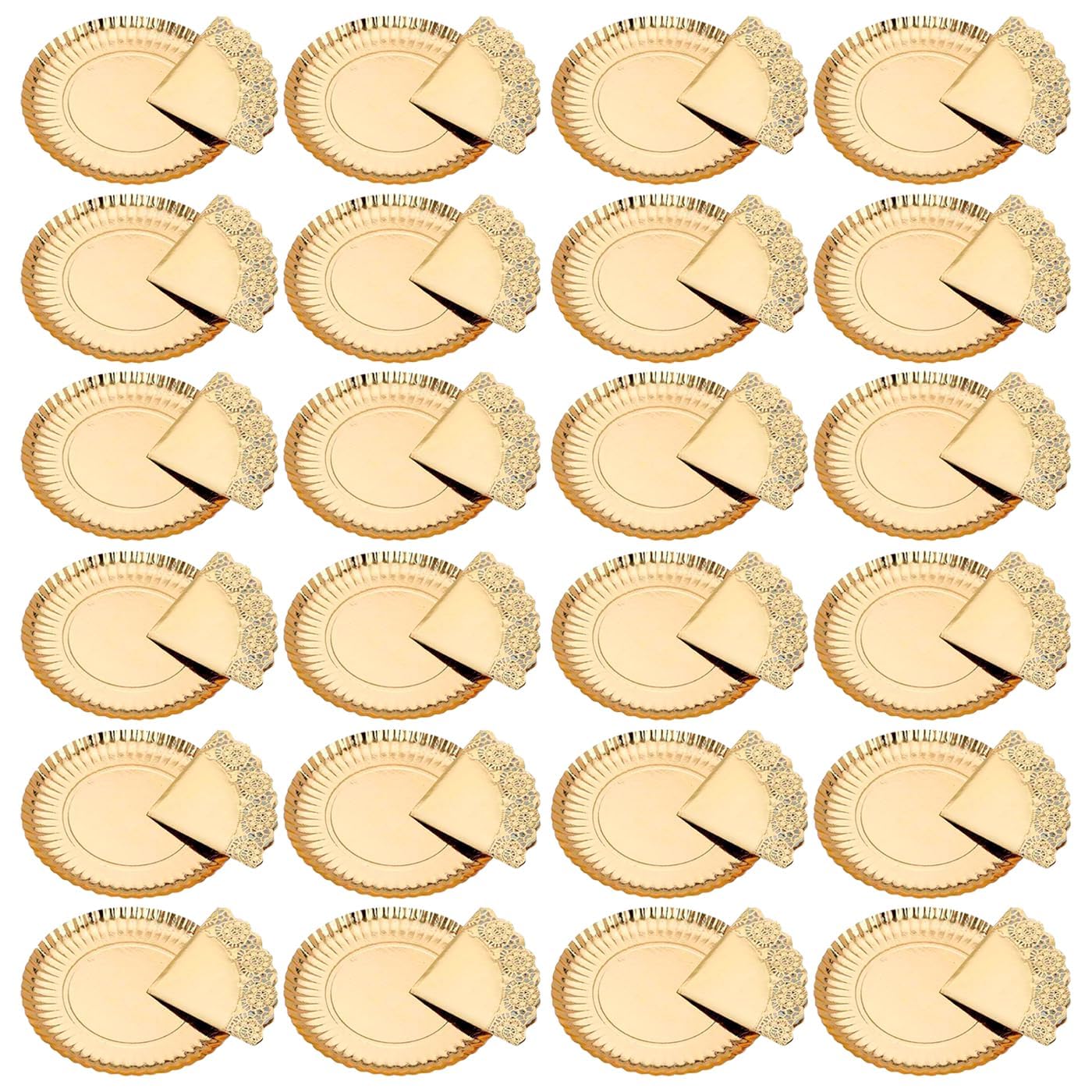 Acan Tradineur - Confezione da 24 vassoi rotondi in cartone con blonda, fontana riciclabile per torte con pizzo di carta, decorazione per feste, presentazione di dessert (orado - Ø 38 cm)