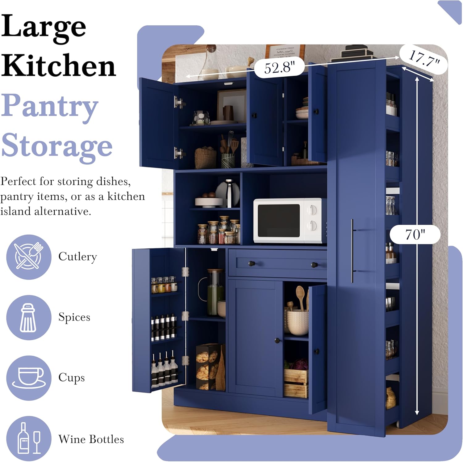 52.8x17.7x70 Inch Freestanding Kitchen Storage Cabinet, Buffet with Hutch, Pull-Out Side Cabinet, Door Shelves & Drawer (Blue + MDF + Farmhouse)