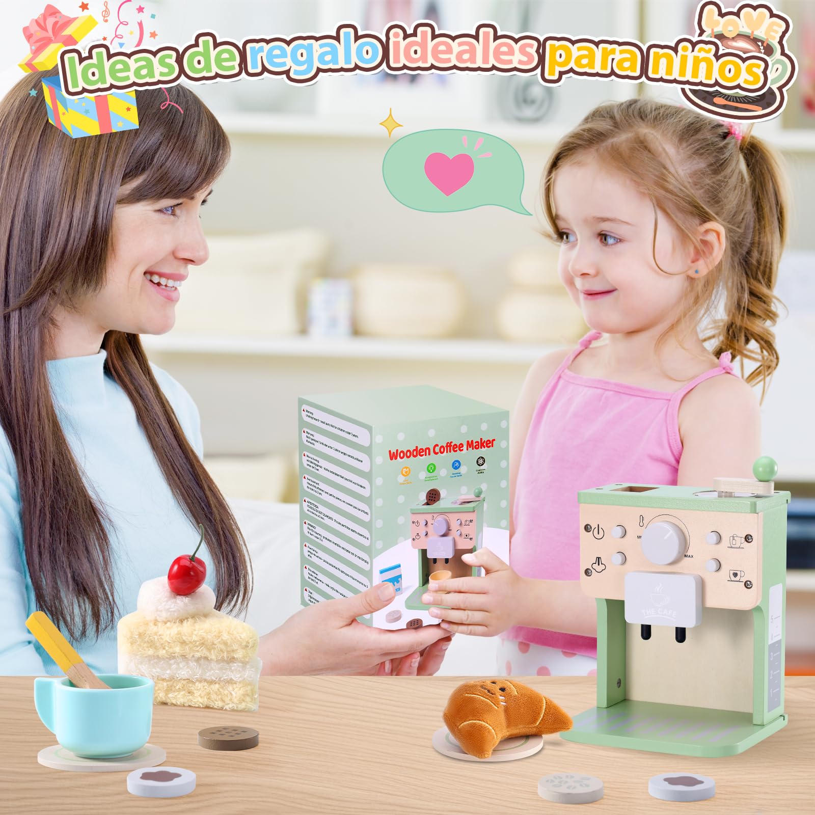 VBACALA Set de Juguetes de Cocina para Niños, Máquina de Café de Madera con Sonido y Botones, Accesorios de Cocina para Niños, Pastel y Croissant de Tela, Regalo Adecuado para 3+ años