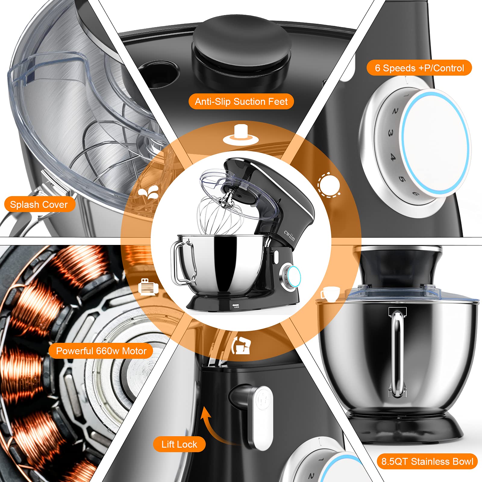 Stand Mixer, 8.5Qt TiltHead Food Mixer 660W 6+P Speed Kitchen Stand up Mixers Cwiim, with Dough