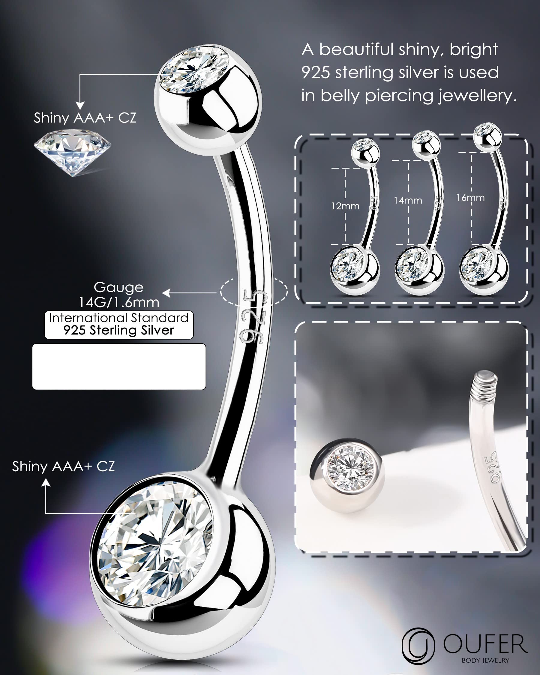 OUFER 14G Bauchnabelpiercing Lang Echt Silber 925 10/12/14/16 mm Stablänge Piercing Bauchnabel CZ Kugeln Belly Button Piercing Navel Bars Nabelring Frau Mann Schmuck