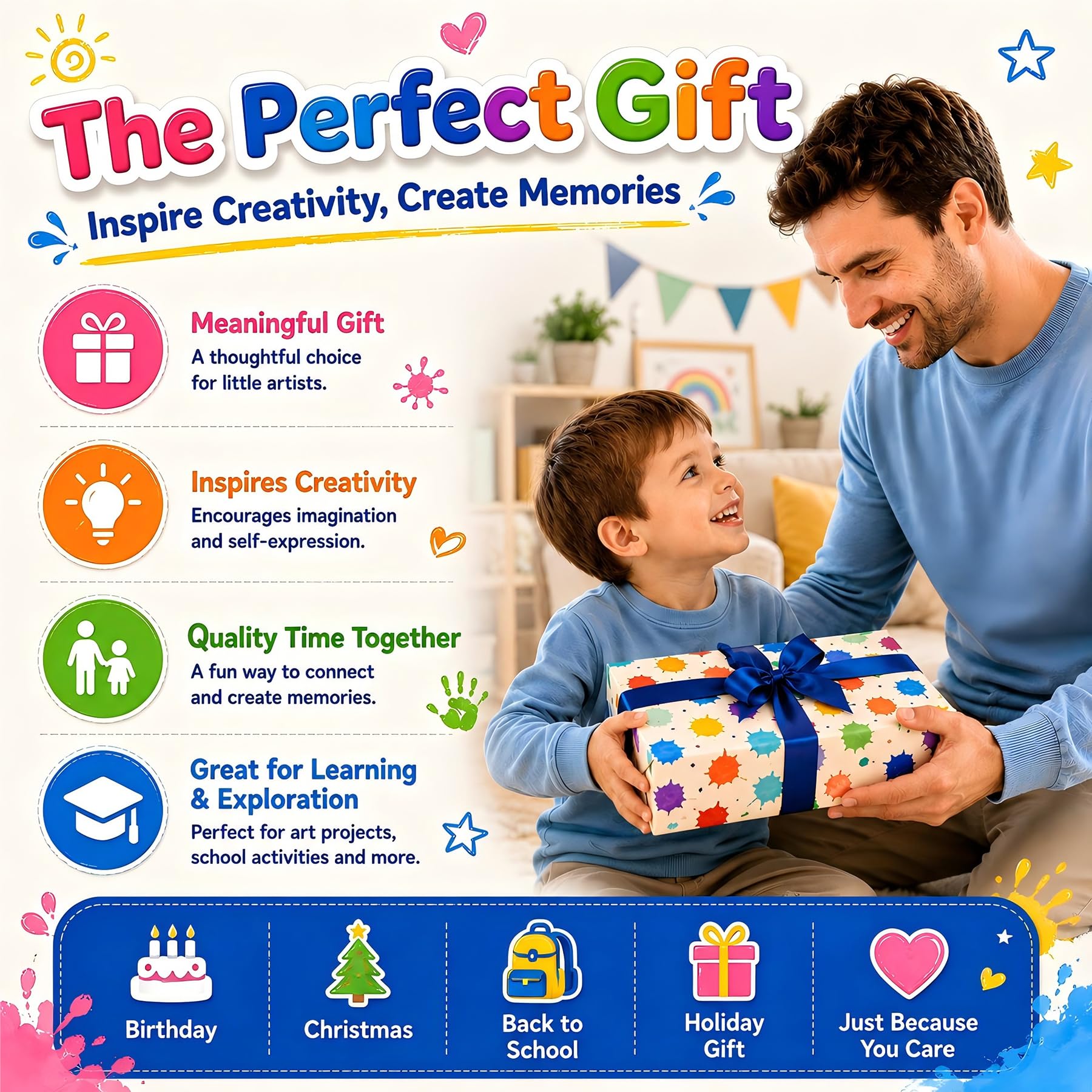 Fingerfarben Kinder Set, 12 Farben je 35ml, Waschbare Fingerfarben mit Pinsel, Mal-Schwämme, Malpalette, Falt-Eimer & Eltern-Kind Schürzen, Geschenk für Jungen 6-8 Jahre (Blau)