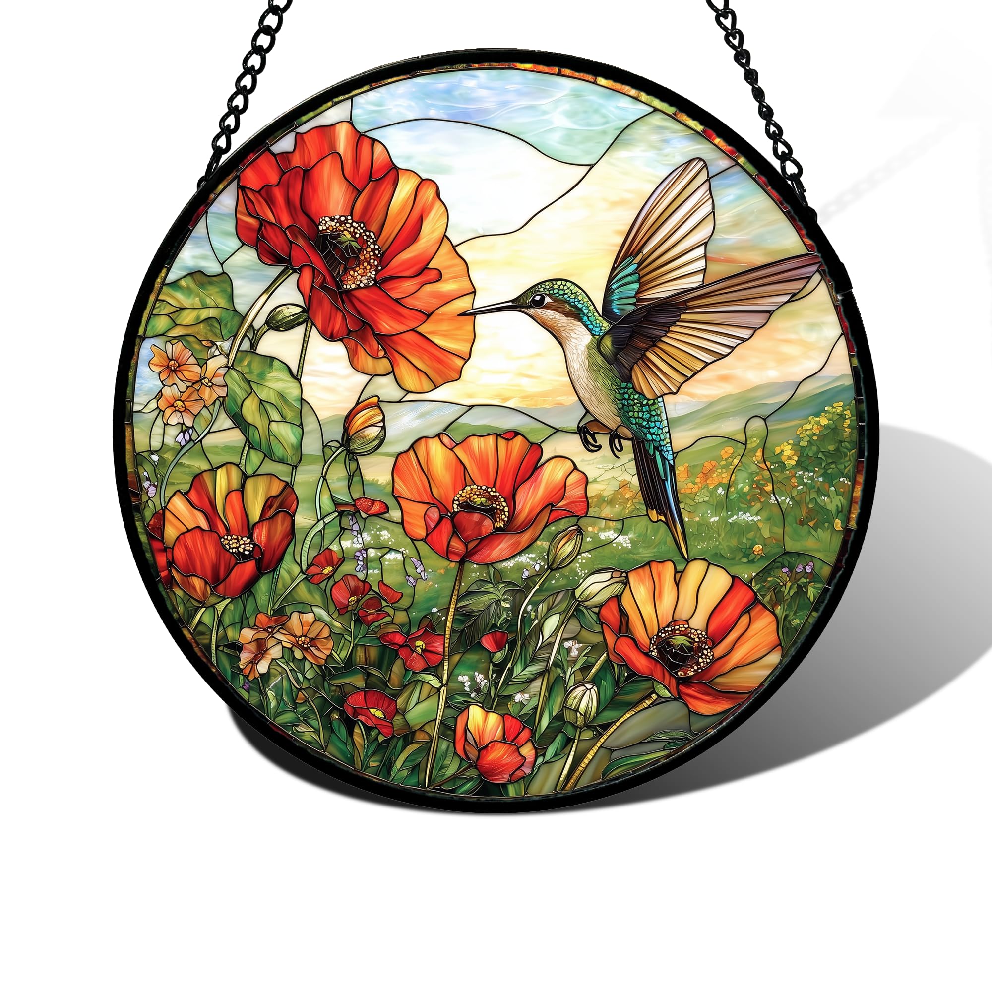 Hummingbird Poppy Stained Glass Window Hanging Suncatcher Gifts Decor 12"