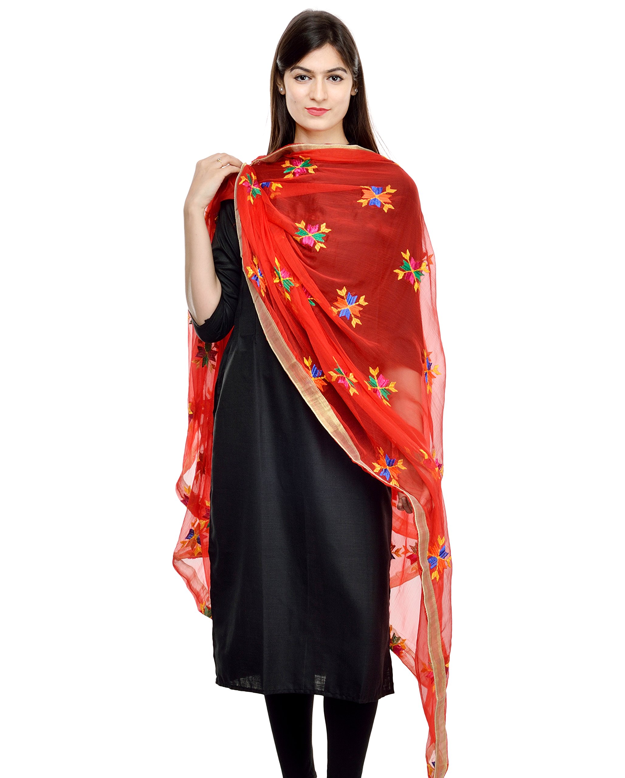 Weavers Villa Punjabi Hand Embroidery Phulkari Buty Work Faux Chiffon Red Dupatta, Stoles, 2.25 Mtrs