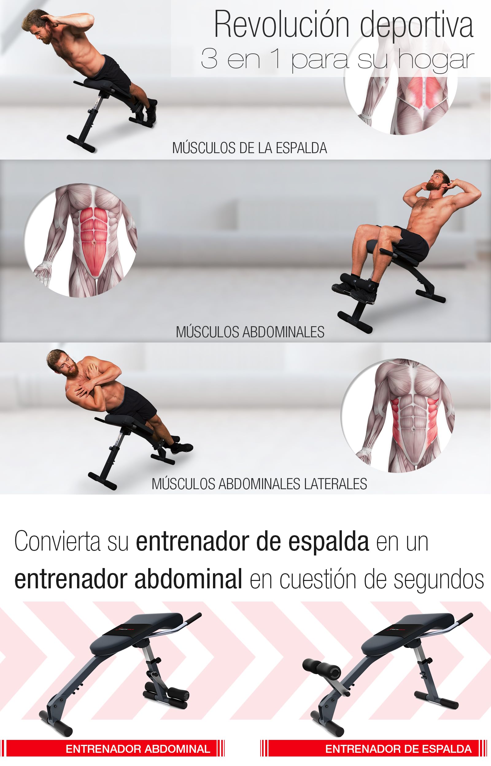 SPORTSTECH BRT200 Entrenador de Espalda y Abdomen 3en1 Patentado propio con innovador diseño antideslizante; Plegable; Multifuncional con acolchado ergonómico; Plegado fácil.
